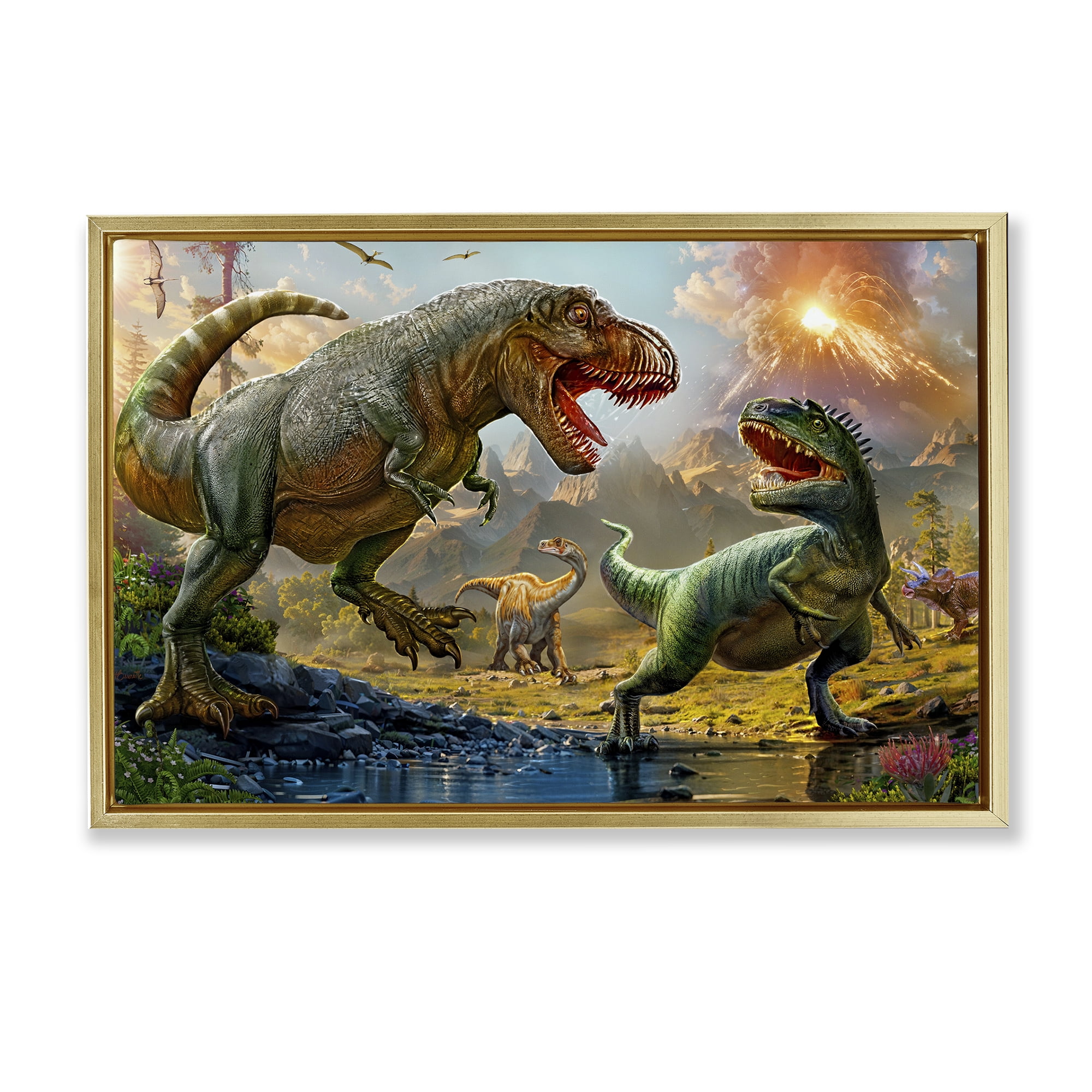 Stupell Industries T-Rex Encounter at Riverbank Gold Framed Floater Canvas Wall Art, design by Henriette Chinaglia