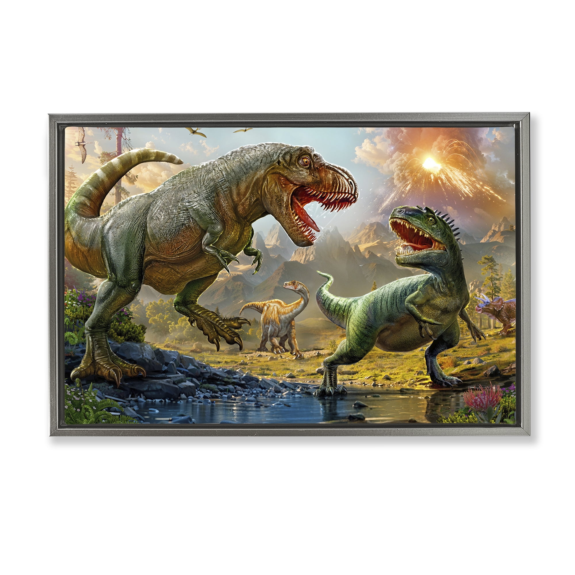 Stupell Industries T-Rex Encounter at Riverbank Gray Framed Floater Canvas Wall Art, design by Henriette Chinaglia
