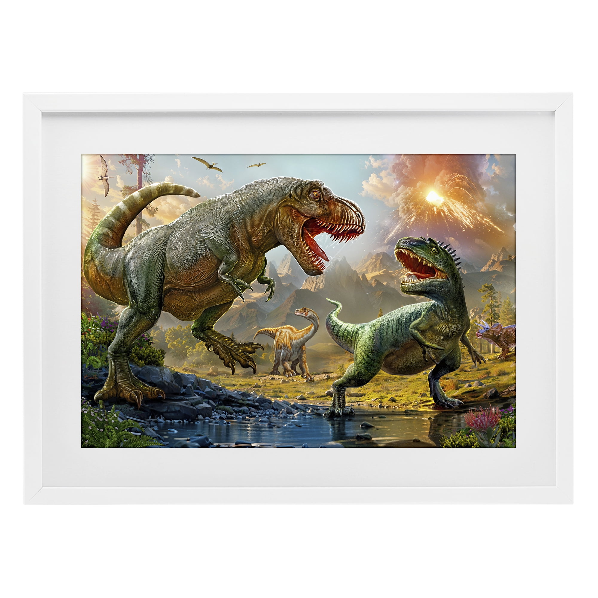 Stupell Industries T-Rex Encounter at Riverbank White Framed Print Under Glass, design by Henriette Chinaglia