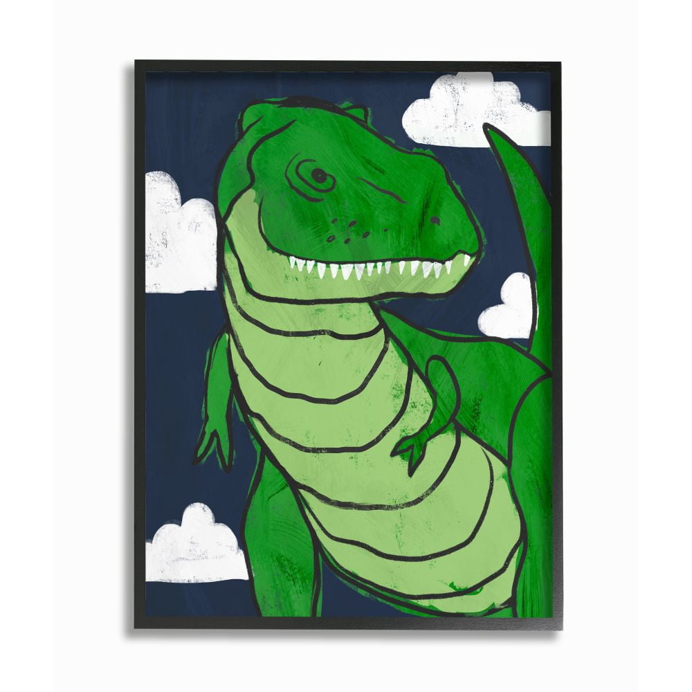 Stupell Industries T-Rex Kid's Illustration Green Dinosaur Blue Sky Framed Wall Art Design by Daphne Polselli, 16" x 20", Black Framed