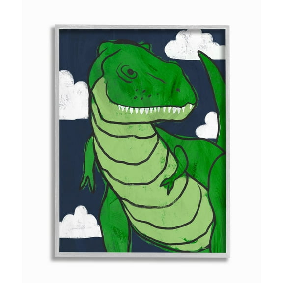 Stupell Industries T-Rex Kid's Illustration Green Dinosaur Blue Sky Framed Wall Art Design by Daphne Polselli, 16" x 20", Gray Framed