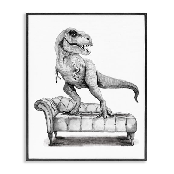 Stupell Industries T-Rex Lounging on Couch Animals Painting Black Framed Art Print Wall Art, 11 x 14