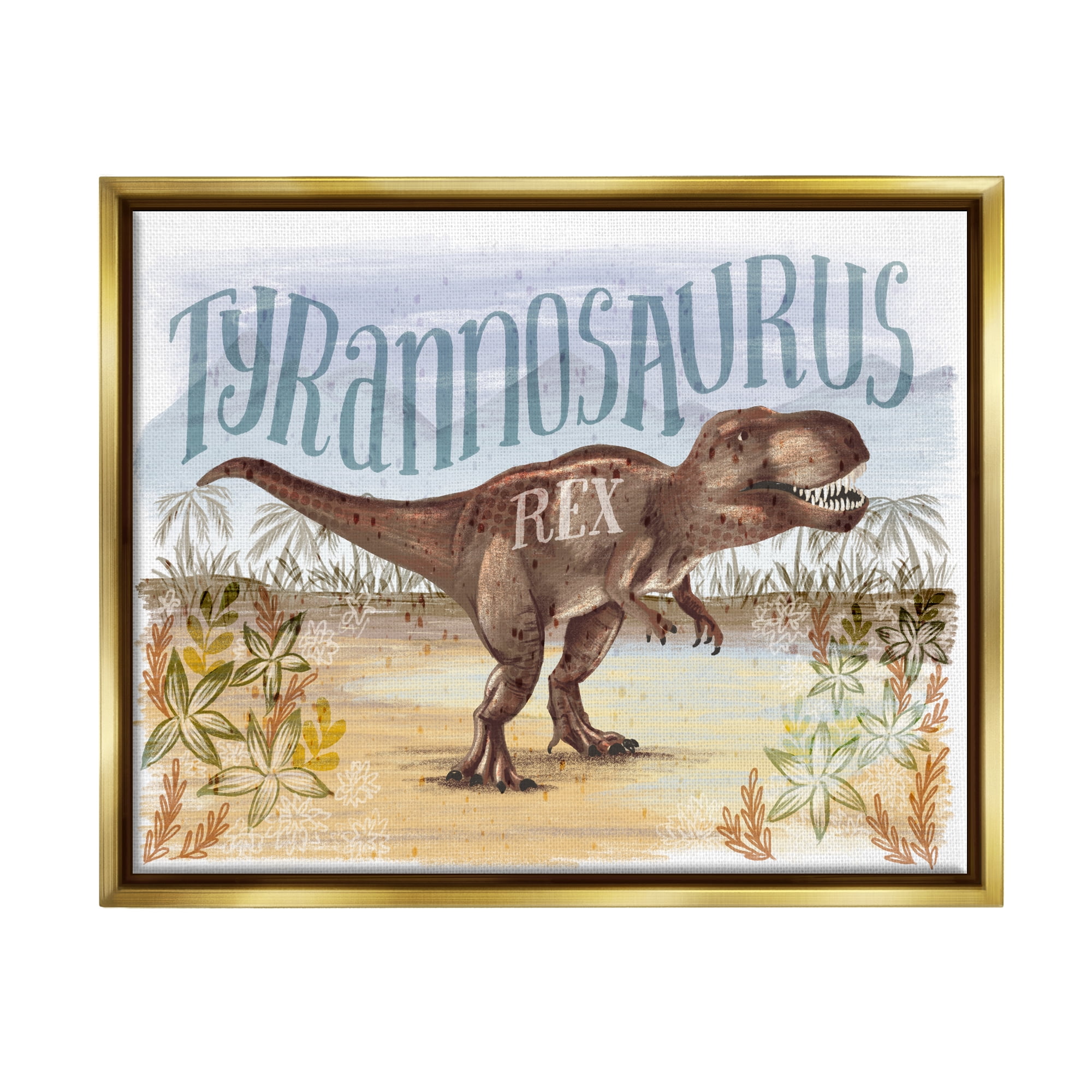 Stupell Industries T-Rex in Nature Animals & Insects Painting Gold Floater Framed Canvas Art Print Wall Art, 21 x 17