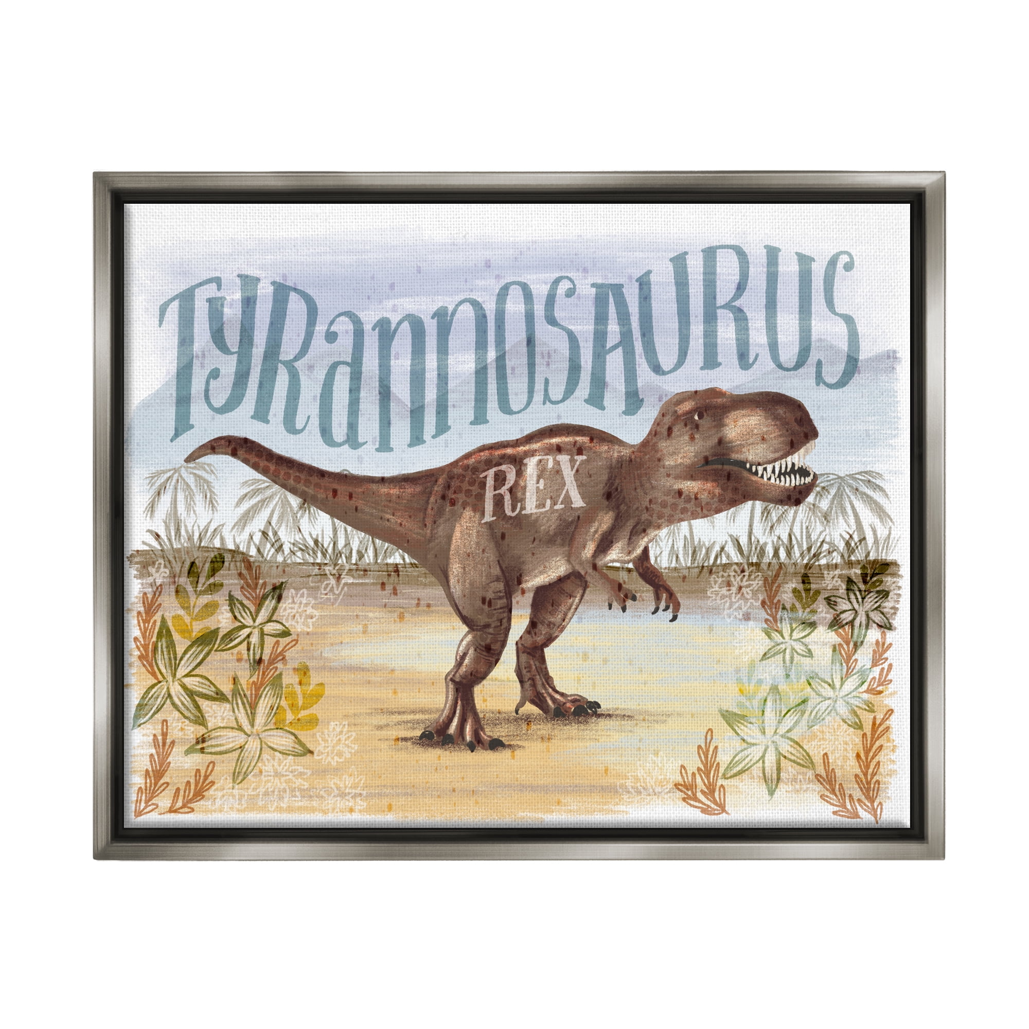 Stupell Industries T-Rex in Nature Animals & Insects Painting Gray Floater Framed Canvas Art Print Wall Art, 31 x 25