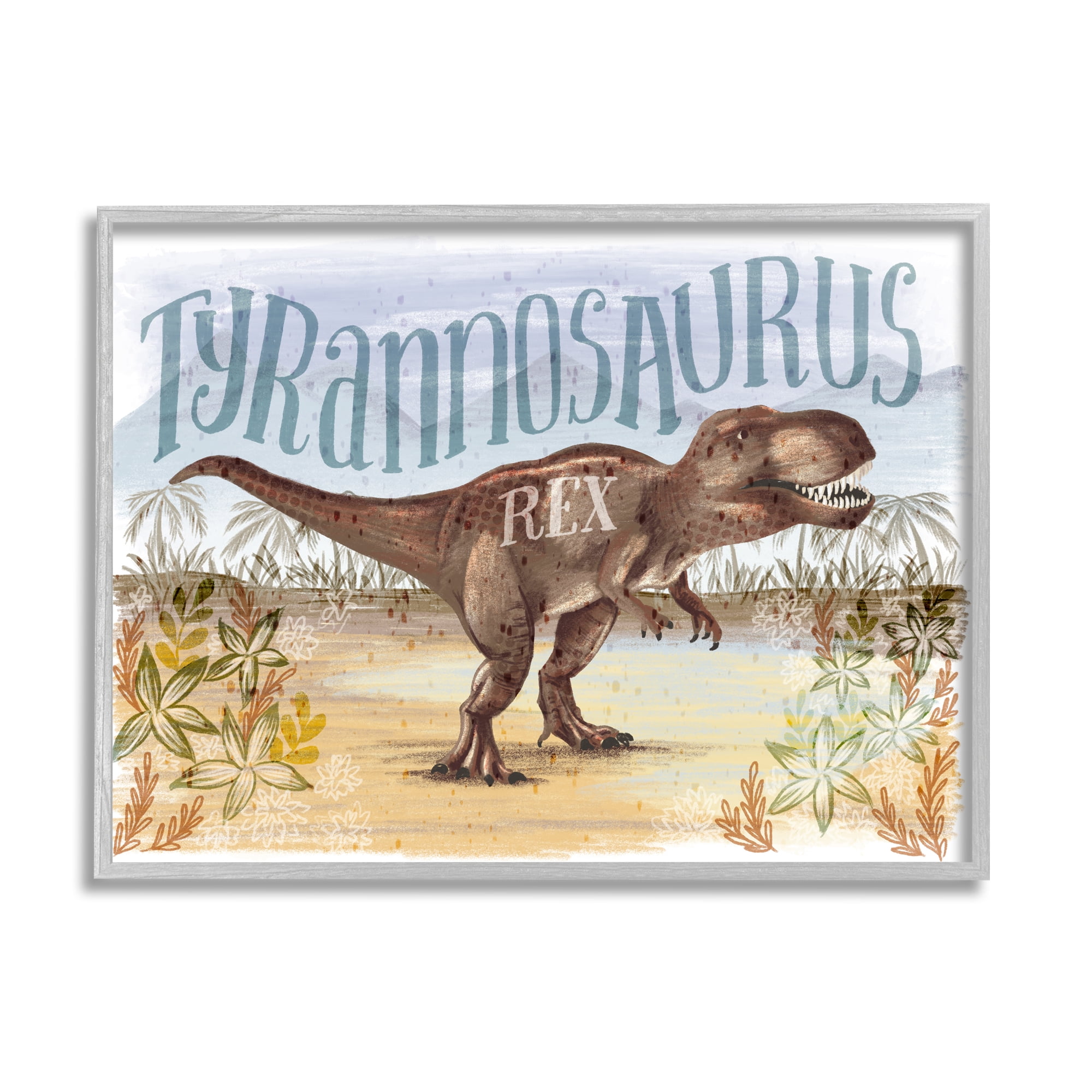 Stupell Industries T-Rex in Nature Animals & Insects Painting Gray Framed Art Print Wall Art, 14 x 11
