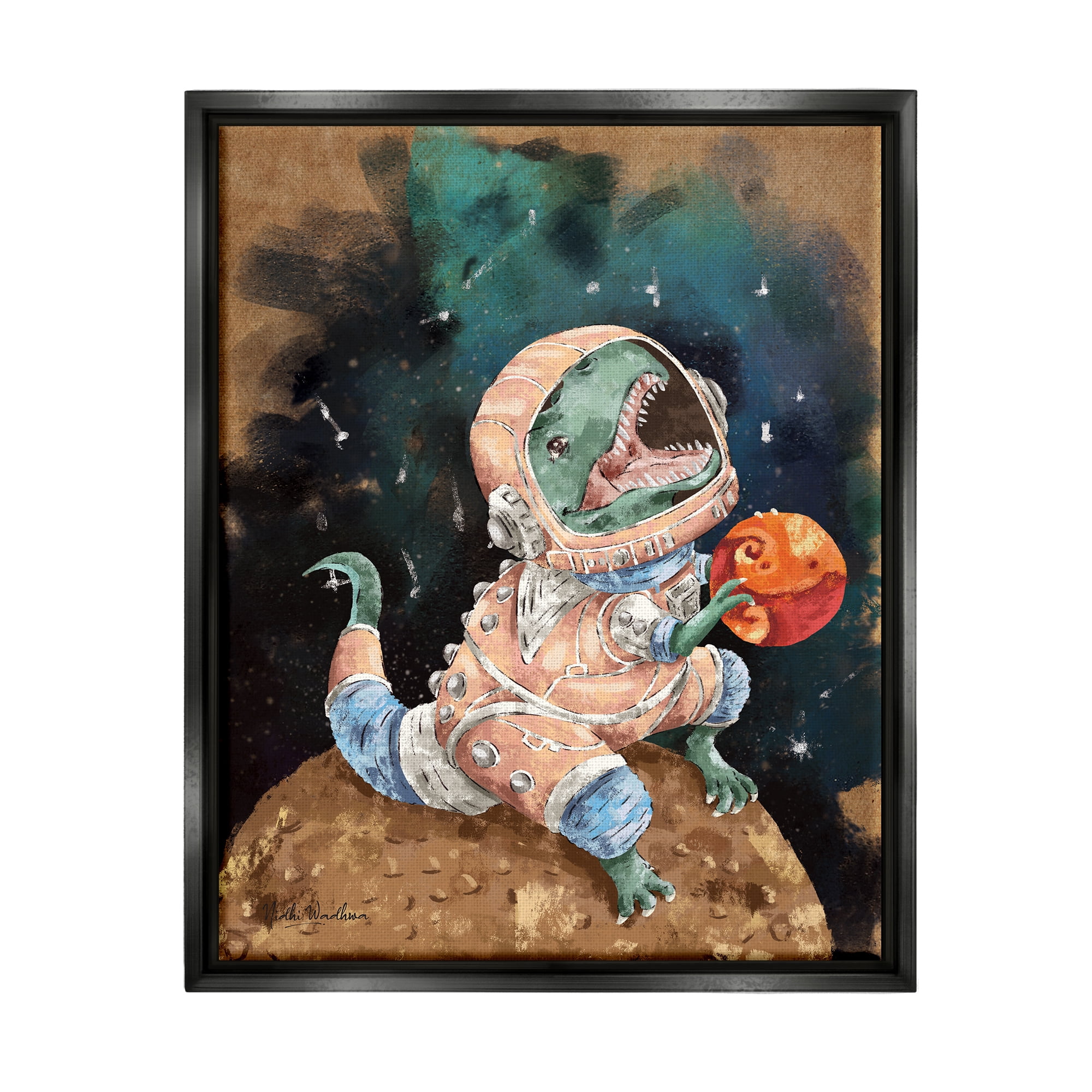 Stupell Industries T-Rex in Outer Space Animals & Insects Painting Black Floater Framed Art Print Wall Art, 25 x 31