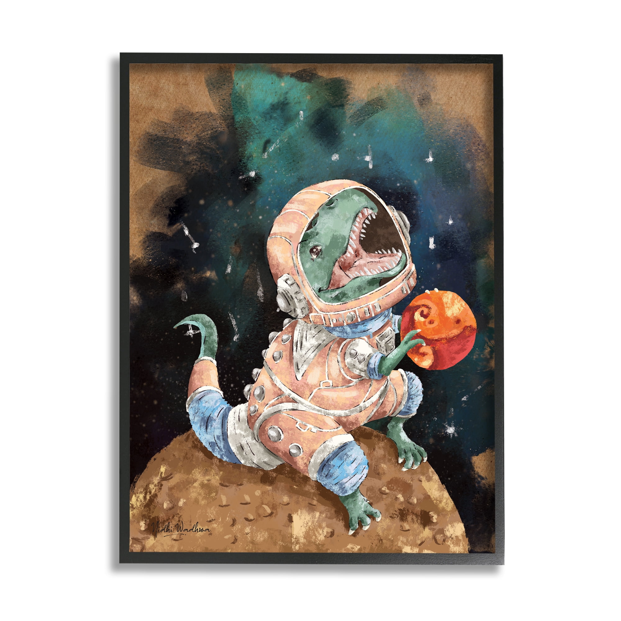 Stupell Industries T-Rex in Outer Space Animals & Insects Painting Black Framed Art Print Wall Art, 16 x 20