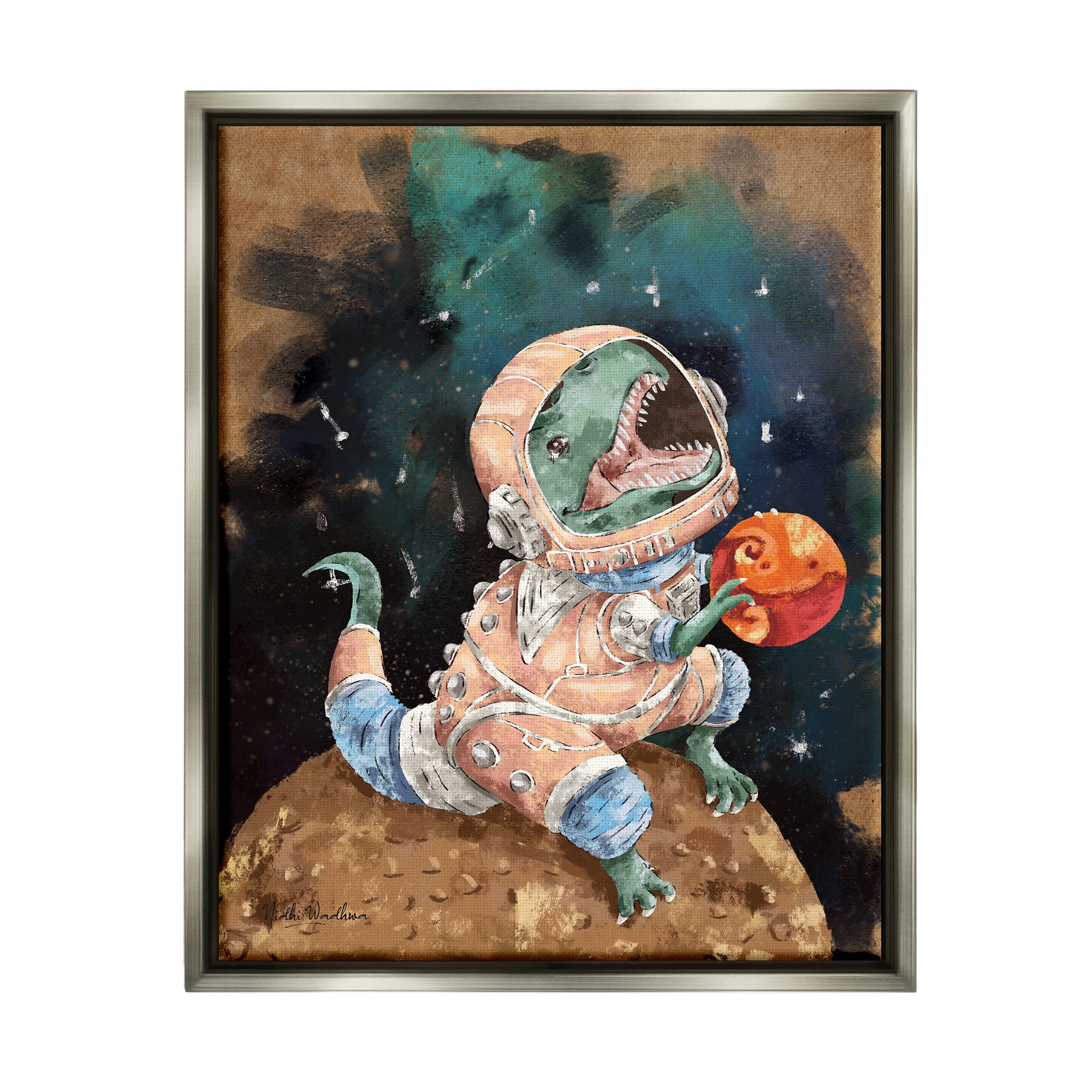 Stupell Industries T-Rex in Outer Space Animals & Insects Painting Gray Floater Framed Art Print Wall Art, 17 x 21