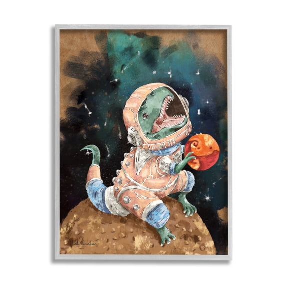 Stupell Industries T-Rex in Outer Space Animals & Insects Painting Gray Framed Art Print Wall Art, 11 x 14