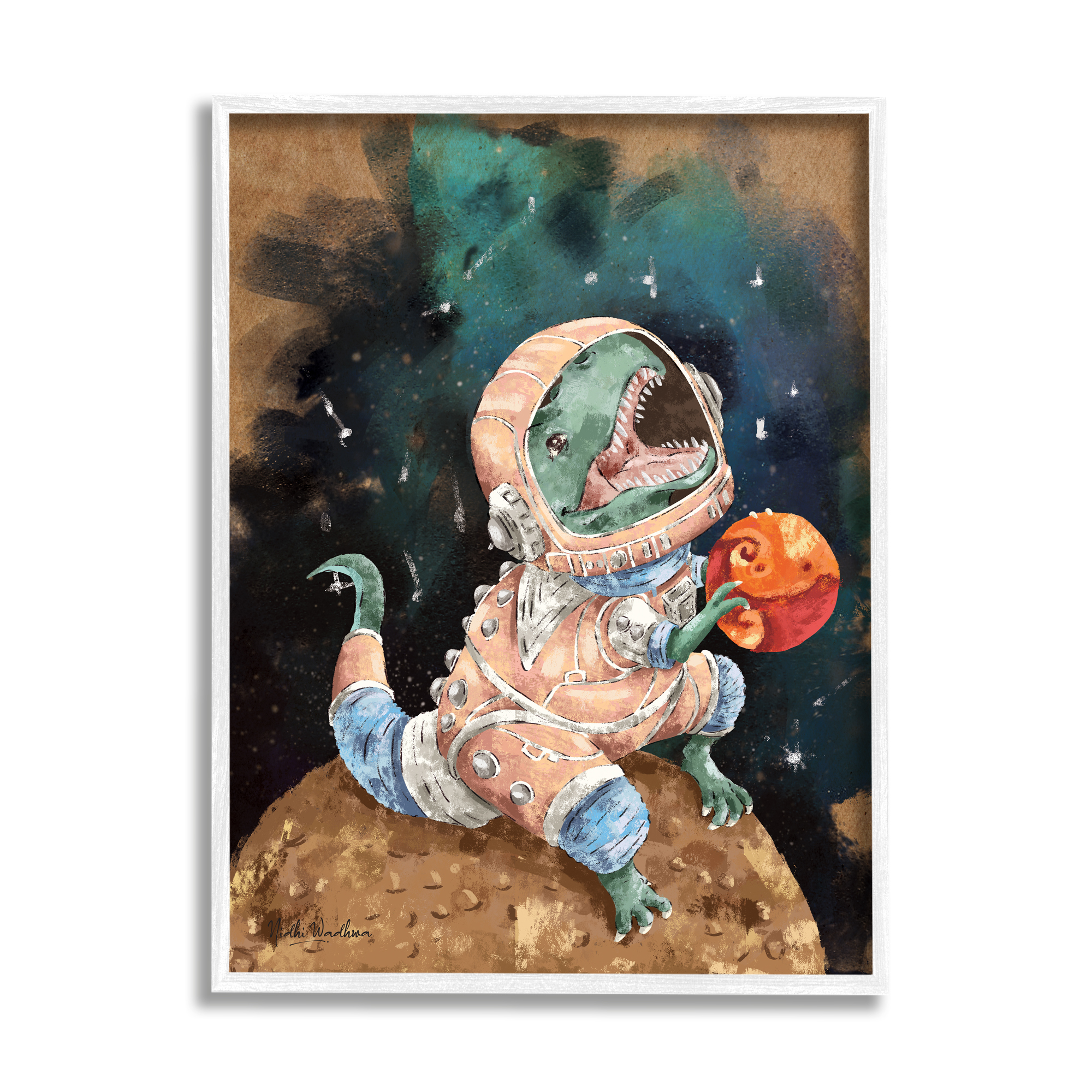 Stupell Industries T-Rex in Outer Space Animals & Insects Painting White Framed Art Print Wall Art, 24 x 30