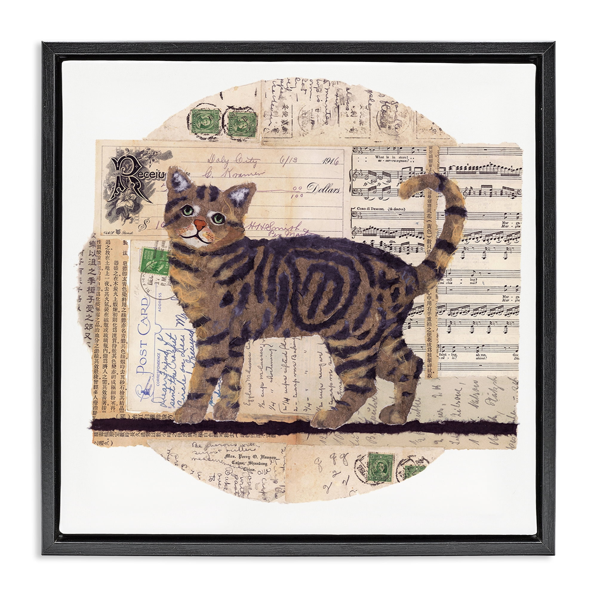 Stupell Industries Tabby Cat Collage Animals & Insects Painting Black Floater Framed Canvas Art Print Wall Art, 25 x 25