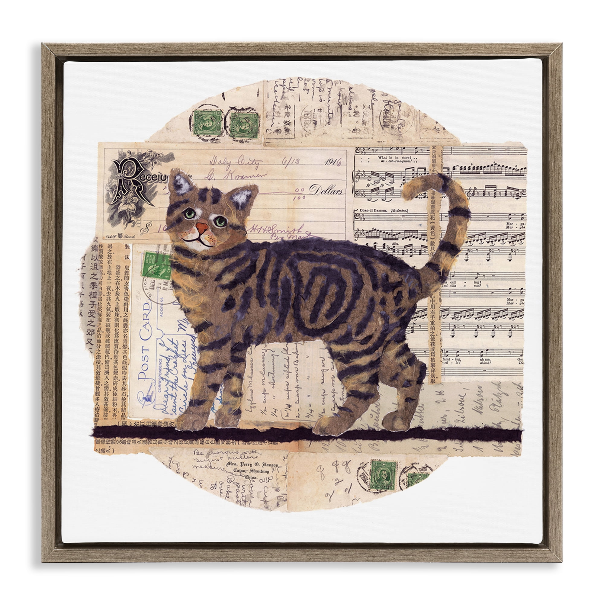 Stupell Industries Tabby Cat Collage Animals & Insects Painting Brown Floater Framed Canvas Art Print Wall Art, 25 x 25