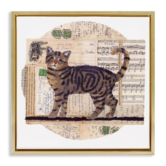 Stupell Industries Tabby Cat Collage Animals & Insects Painting Gold Floater Framed Canvas Art Print Wall Art, 18 x 18