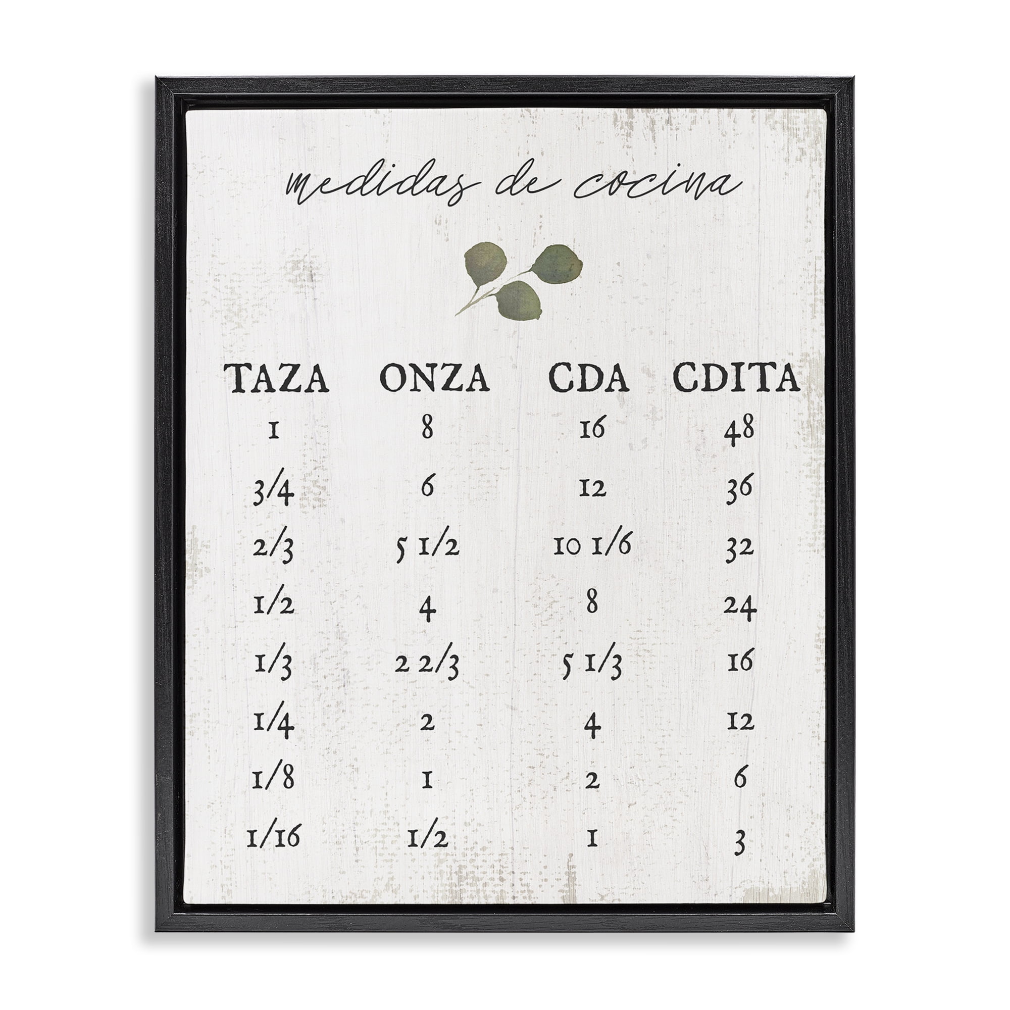 Stupell Industries Tabla de Medidas de Cocina Charts and Diagrams Painting Black Floater Framed Art Print Wall Art, 25 x 31