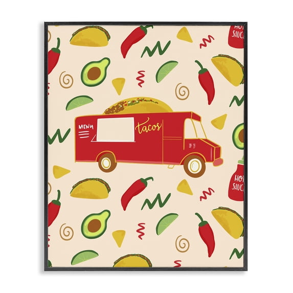 Stupell Industries Taco Truck over Food Pattern Food & Beverage Painting Black Framed Art Print Wall Art, 16 x 20