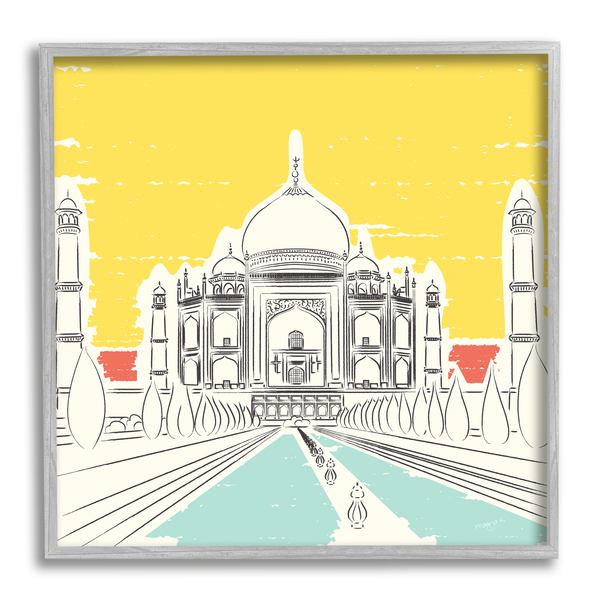 Stupell Industries Taj Mahal Architecture Travel & Places Painting Gray Framed Art Print Wall Art, 17 x 17