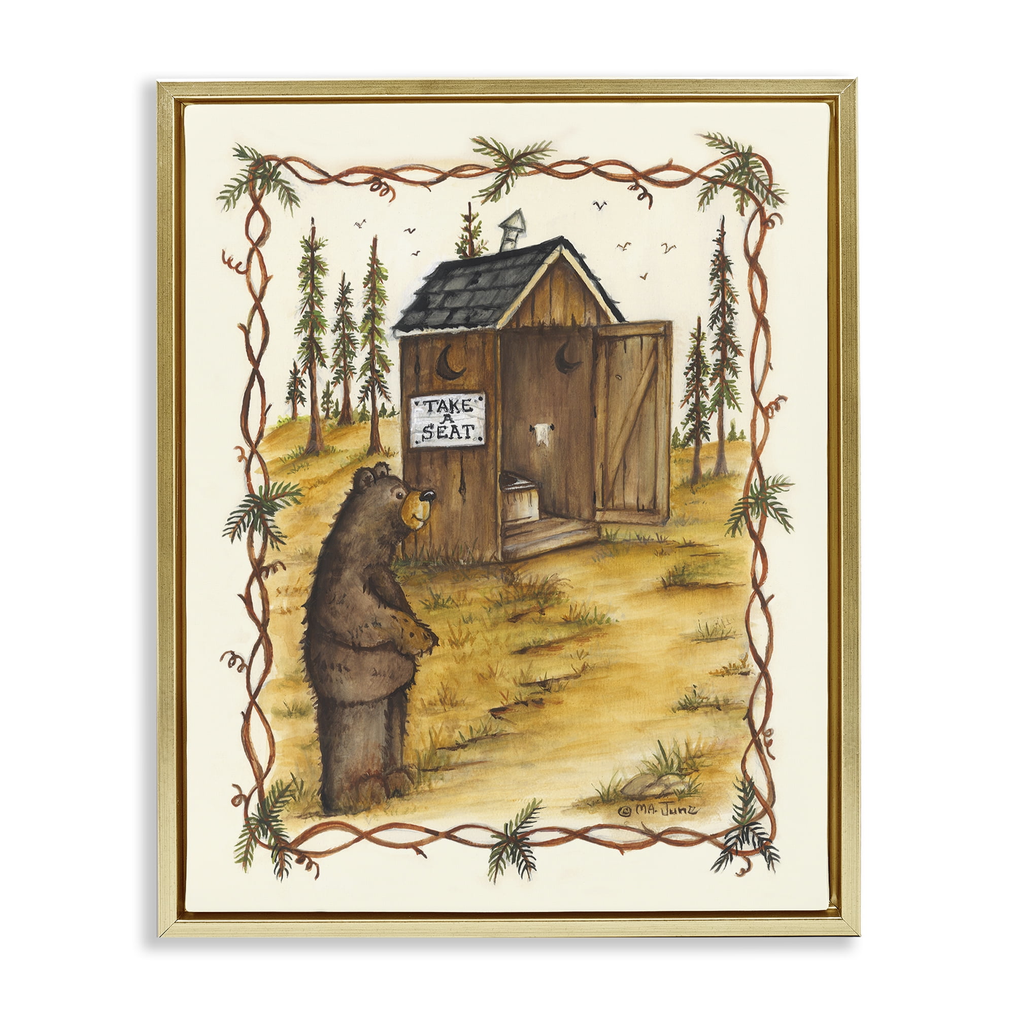 Stupell Industries Take A Seat Outhouse Animals & Insects Painting Gold Floater Framed Art Print Wall Art, 17 x 21