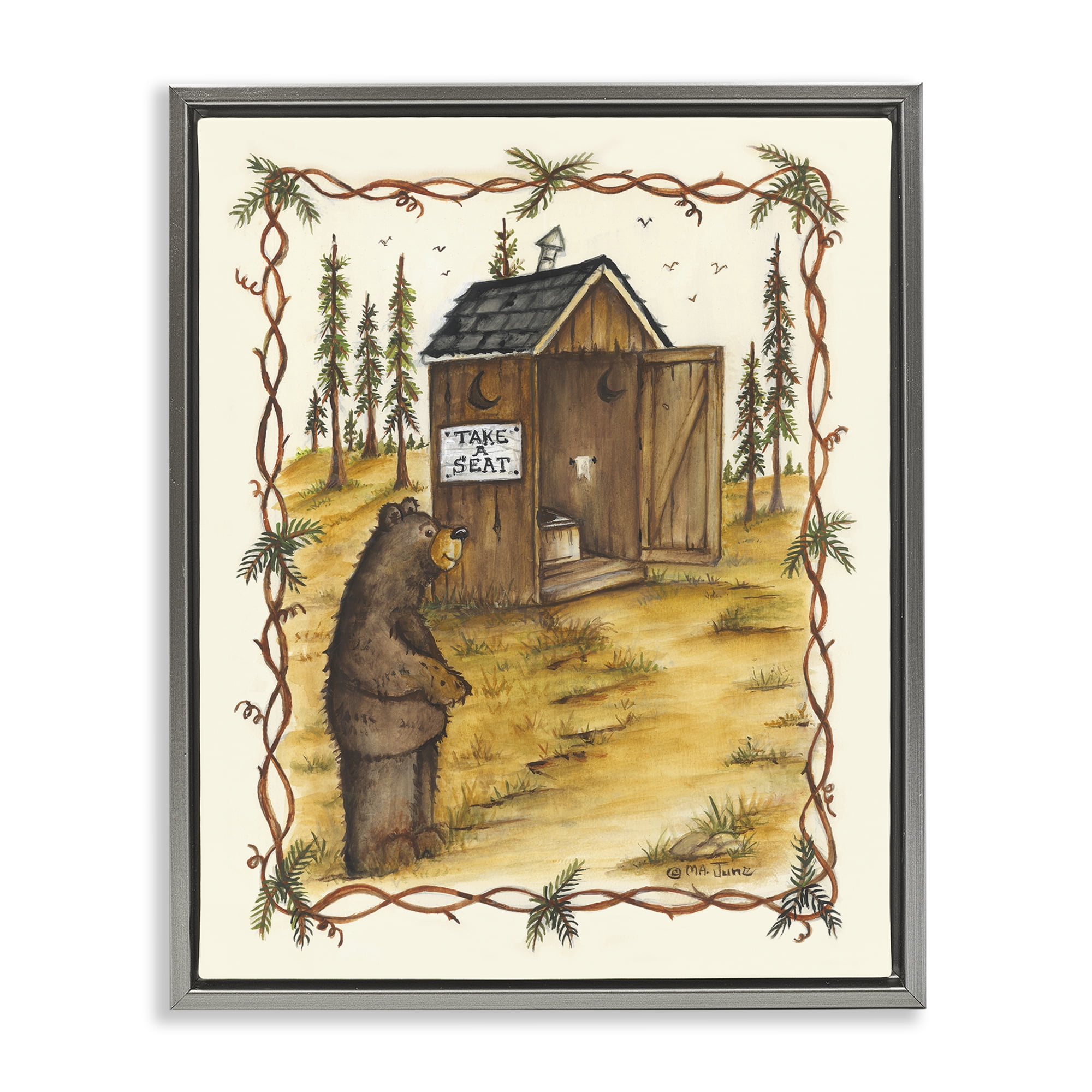 Stupell Industries Take A Seat Outhouse Animals & Insects Painting Gray Floater Framed Art Print Wall Art, 17 x 21