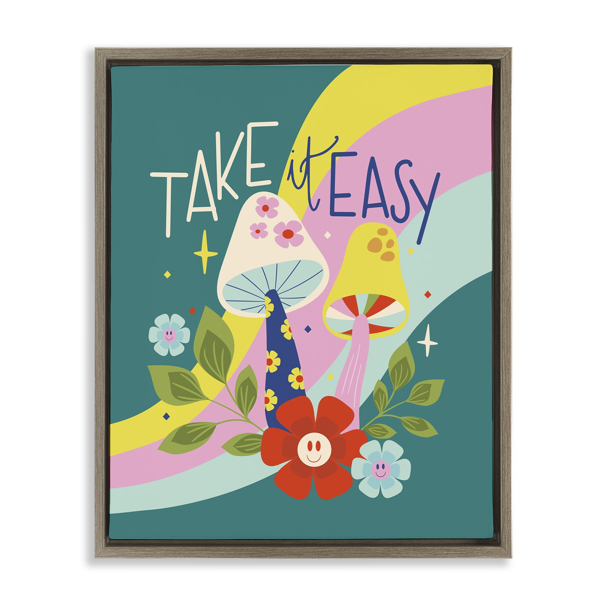 Stupell Industries Take It Easy Mushrooms Plants & Flowers Painting Brown Floater Framed Canvas Art Print Wall Art, 17 x 21