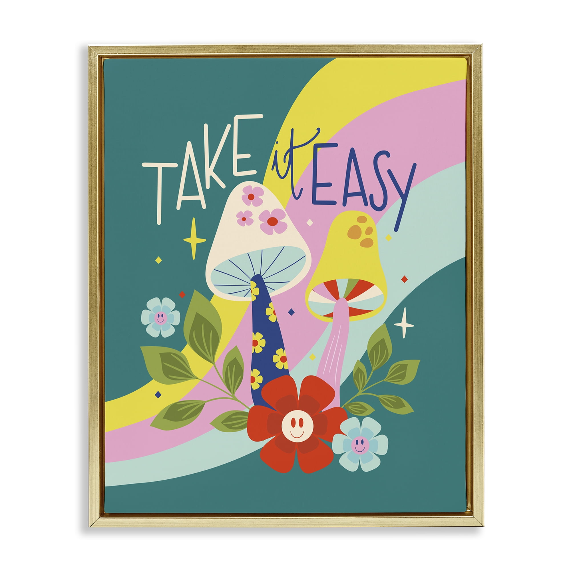 Stupell Industries Take It Easy Mushrooms Plants & Flowers Painting Gold Floater Framed Canvas Art Print Wall Art, 17 x 21