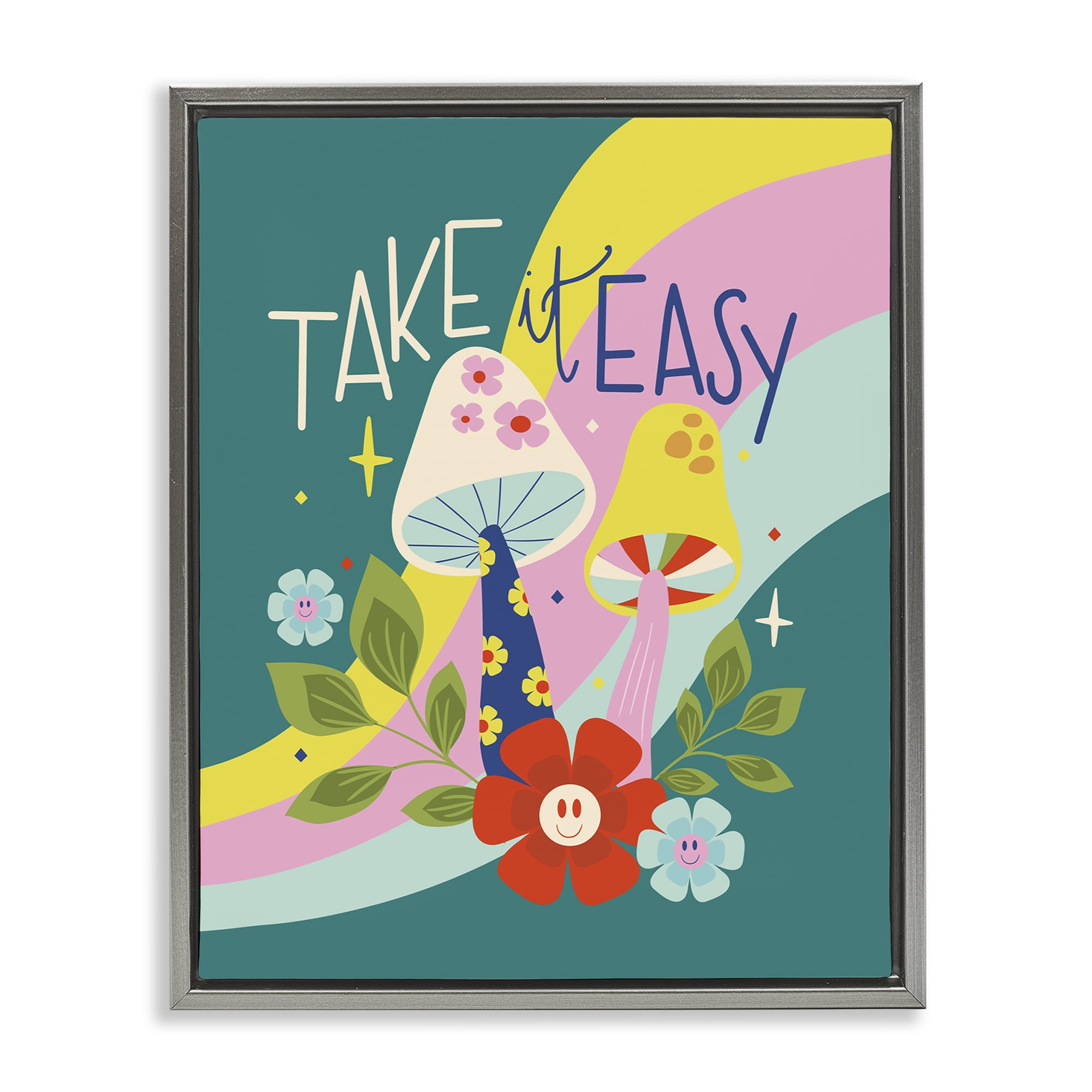 Stupell Industries Take It Easy Mushrooms Plants & Flowers Painting Gray Floater Framed Canvas Art Print Wall Art, 17 x 21