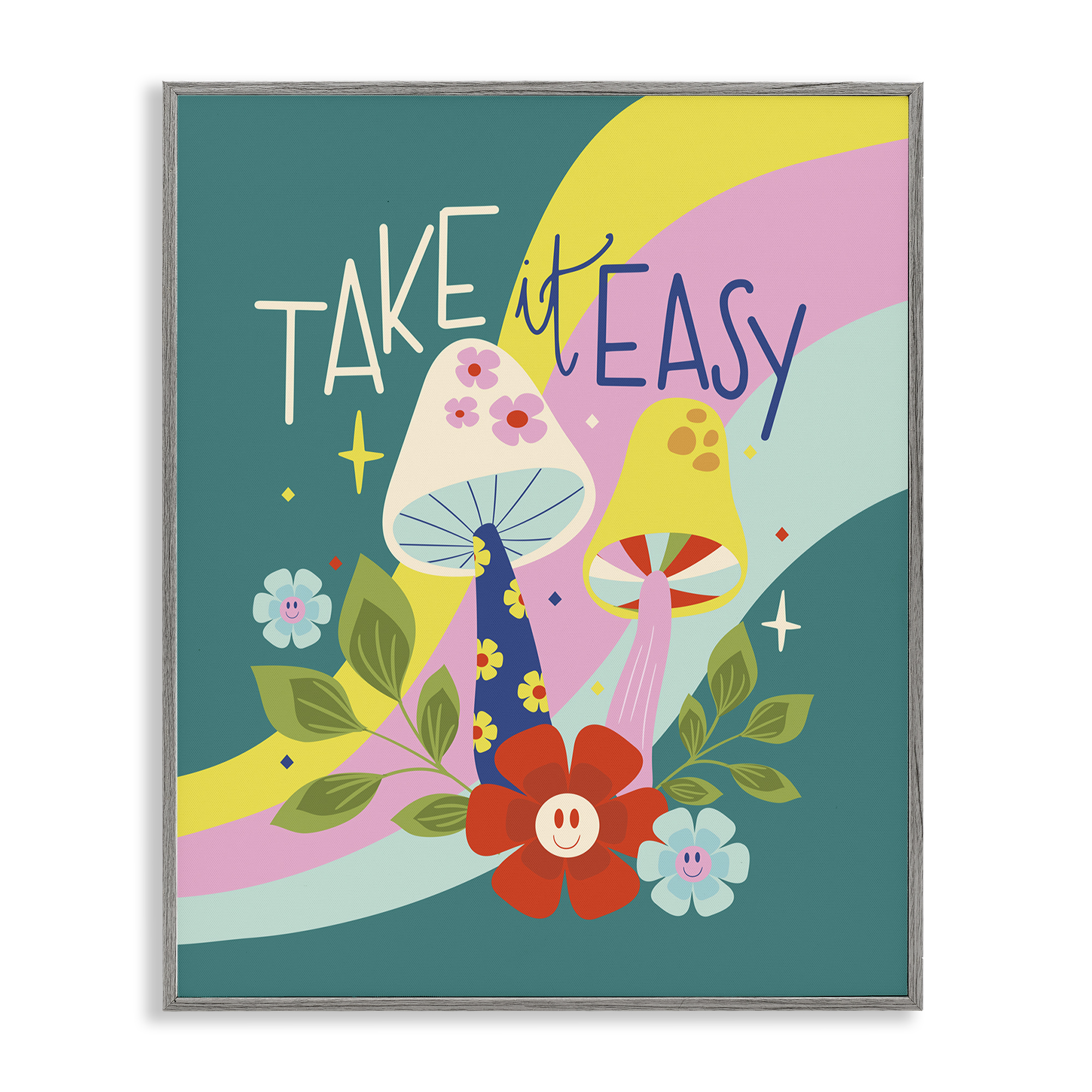 Stupell Industries Take It Easy Mushrooms Plants & Flowers Painting Gray Framed Art Print Wall Art, 11 x 14
