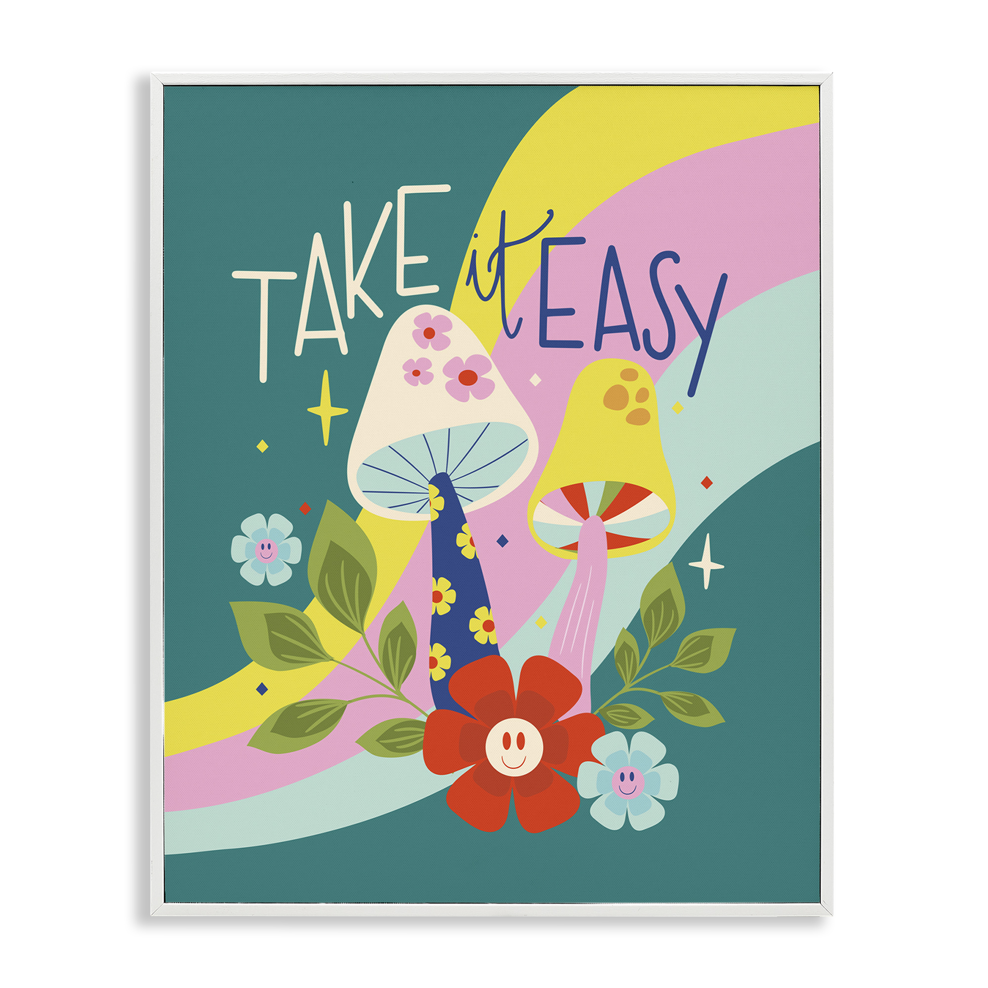 Stupell Industries Take It Easy Mushrooms Plants & Flowers Painting White Framed Art Print Wall Art, 16 x 20