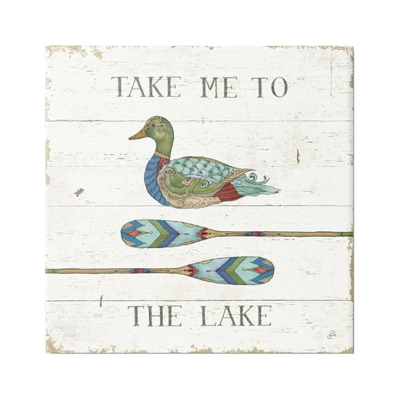 Stupell Industries Take Me To Lake Typography Patterned Duck & Ores Graphic Art Gallery Wrapped Canvas Print Wall Art, Design by Daphne Brissonnet