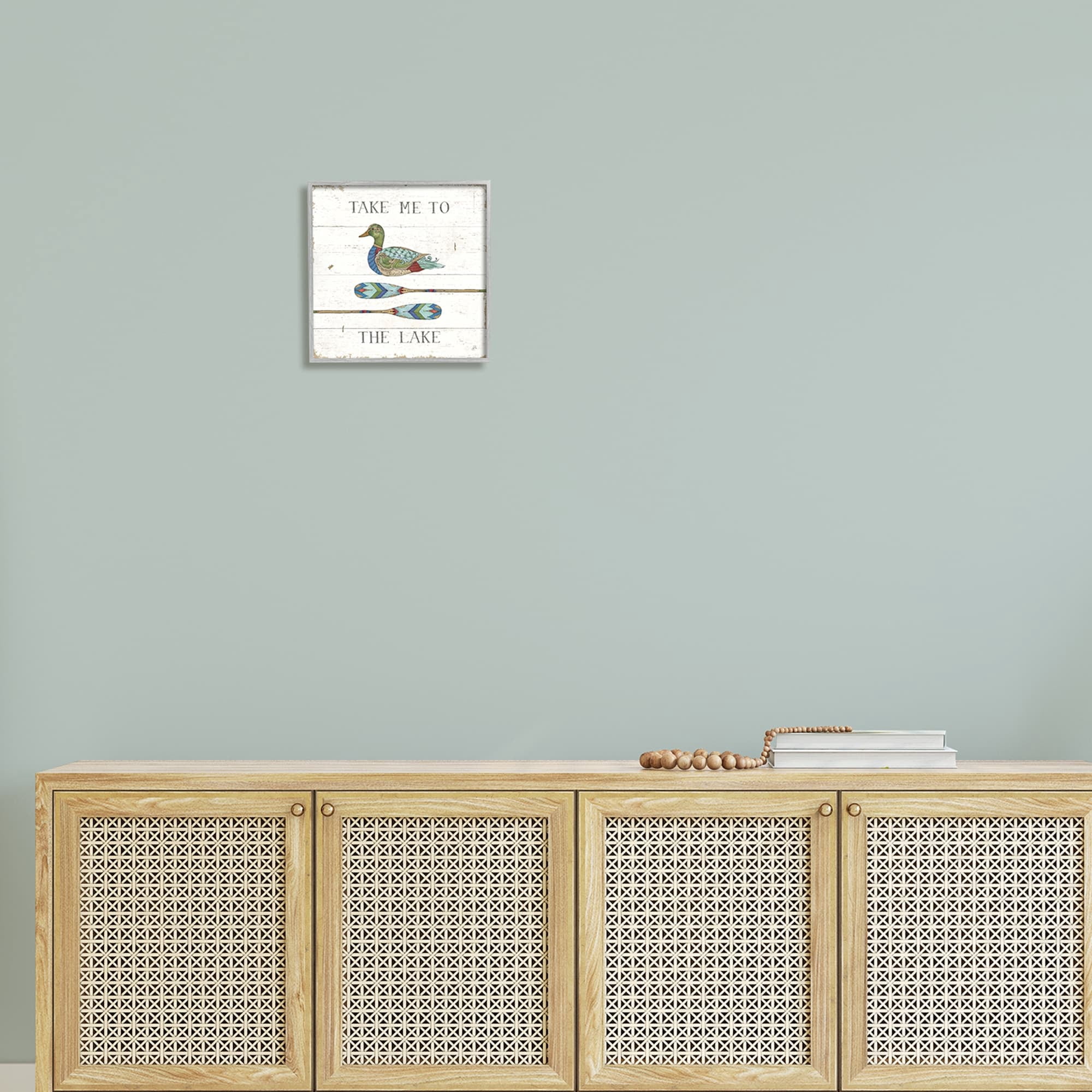 Stupell Industries Take Me To Lake Typography Patterned Duck & Ores Graphic Art Gray Framed Art Print Wall Art, Design by Daphne Brissonnet