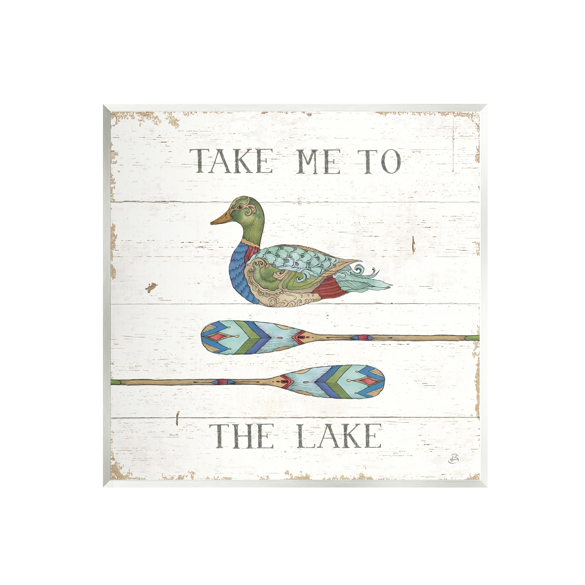 Stupell Industries Take Me To Lake Typography Patterned Duck & Ores Graphic Art Unframed Art Print Wall Art, Design by Daphne Brissonnet