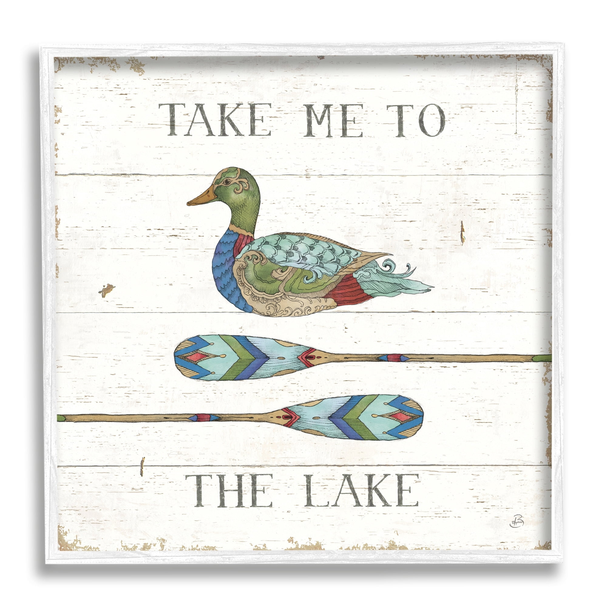 Stupell Industries Take Me To Lake Typography Patterned Duck & Ores Graphic Art White Framed Art Print Wall Art, Design by Daphne Brissonnet