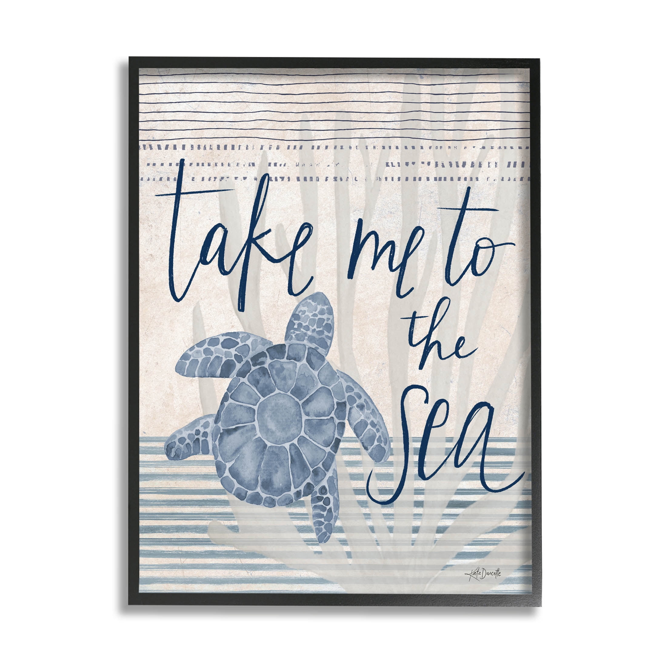 Stupell Industries Take Me To Sea Patterned Turtle Stripes Graphic Art Black Framed Art Print Wall Art, Design by Katie Doucette