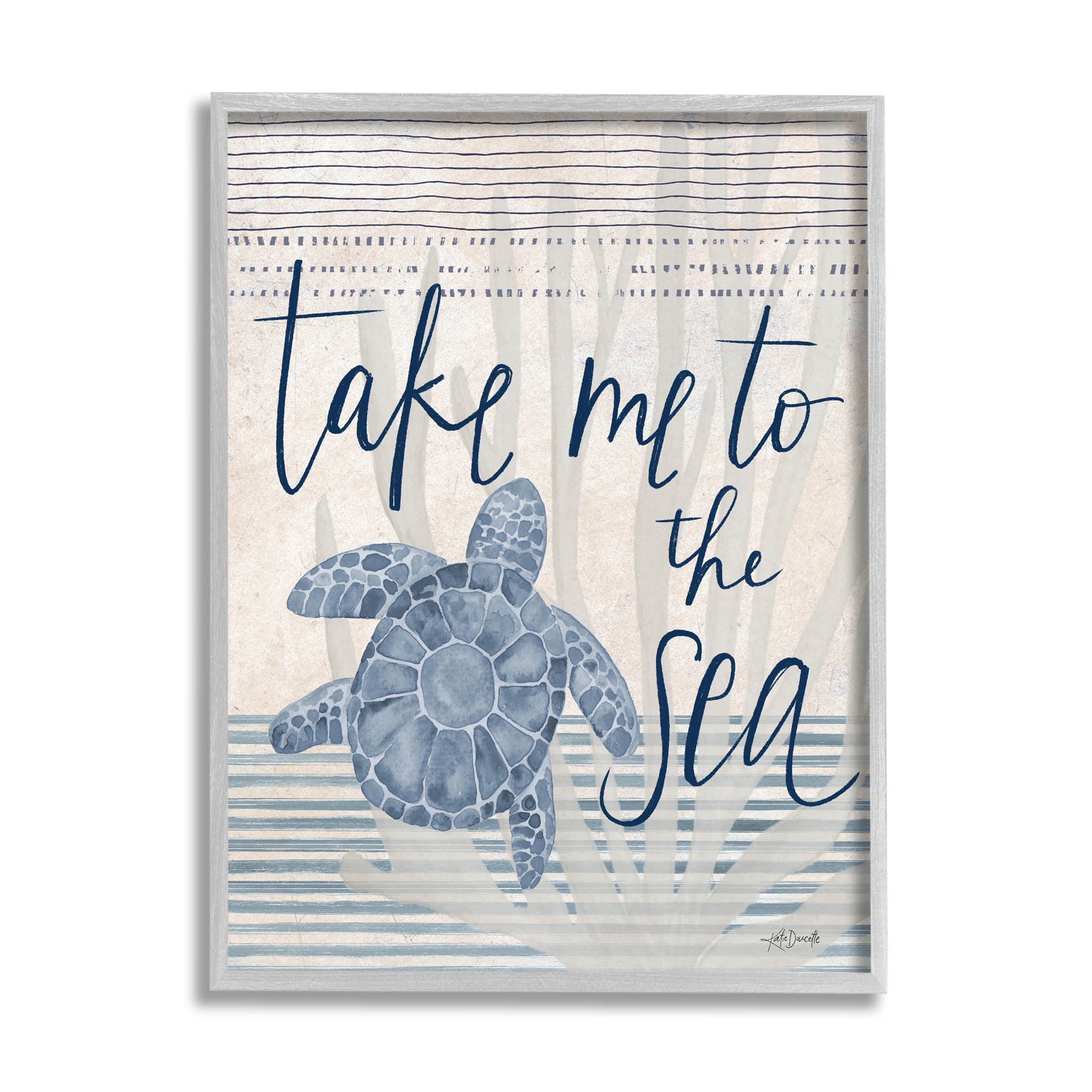 Stupell Industries Take Me To Sea Patterned Turtle Stripes Graphic Art Gray Framed Art Print Wall Art, Design by Katie Doucette