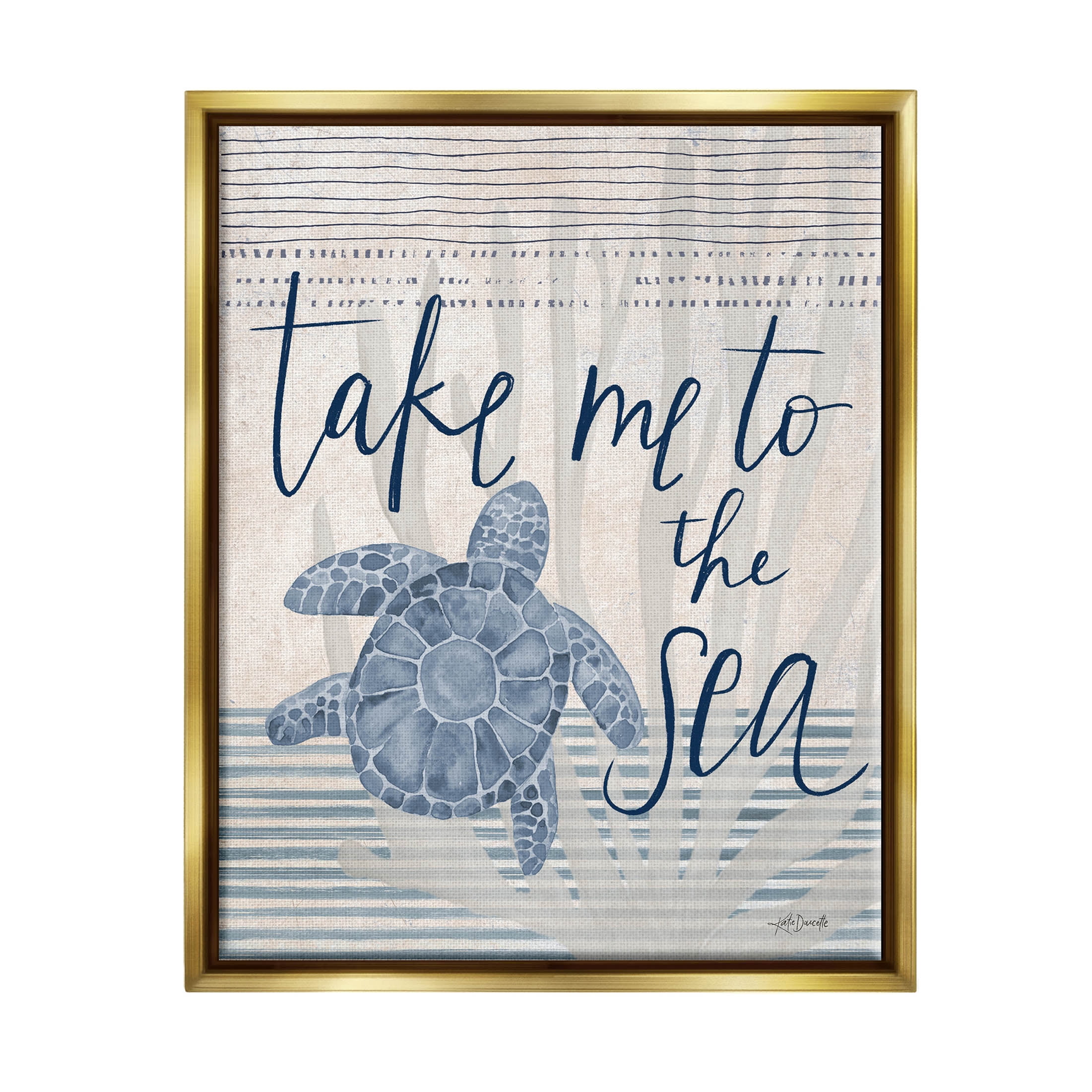 Stupell Industries Take Me To Sea Patterned Turtle Stripes Graphic Art Metallic Gold Floating Framed Canvas Print Wall Art, Design by Katie Doucette