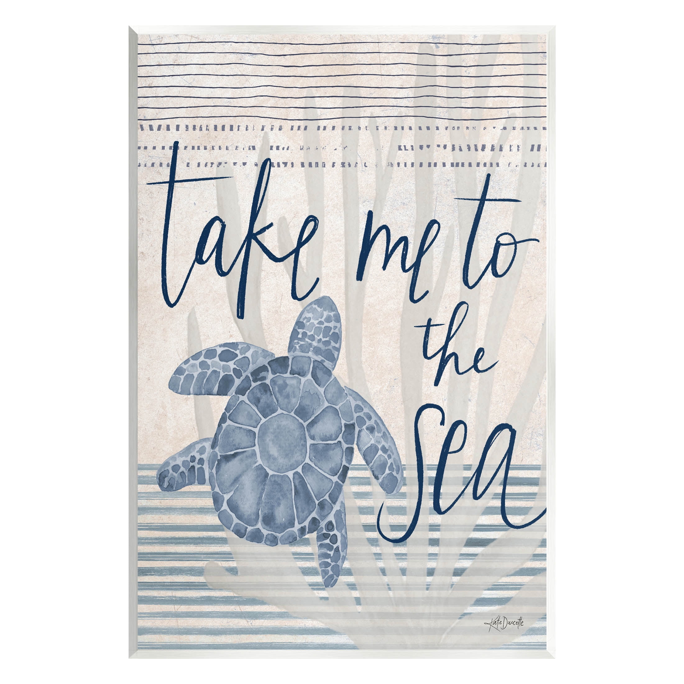 Take Me To Sea Blue Turtle Stripes Wood Wall Art