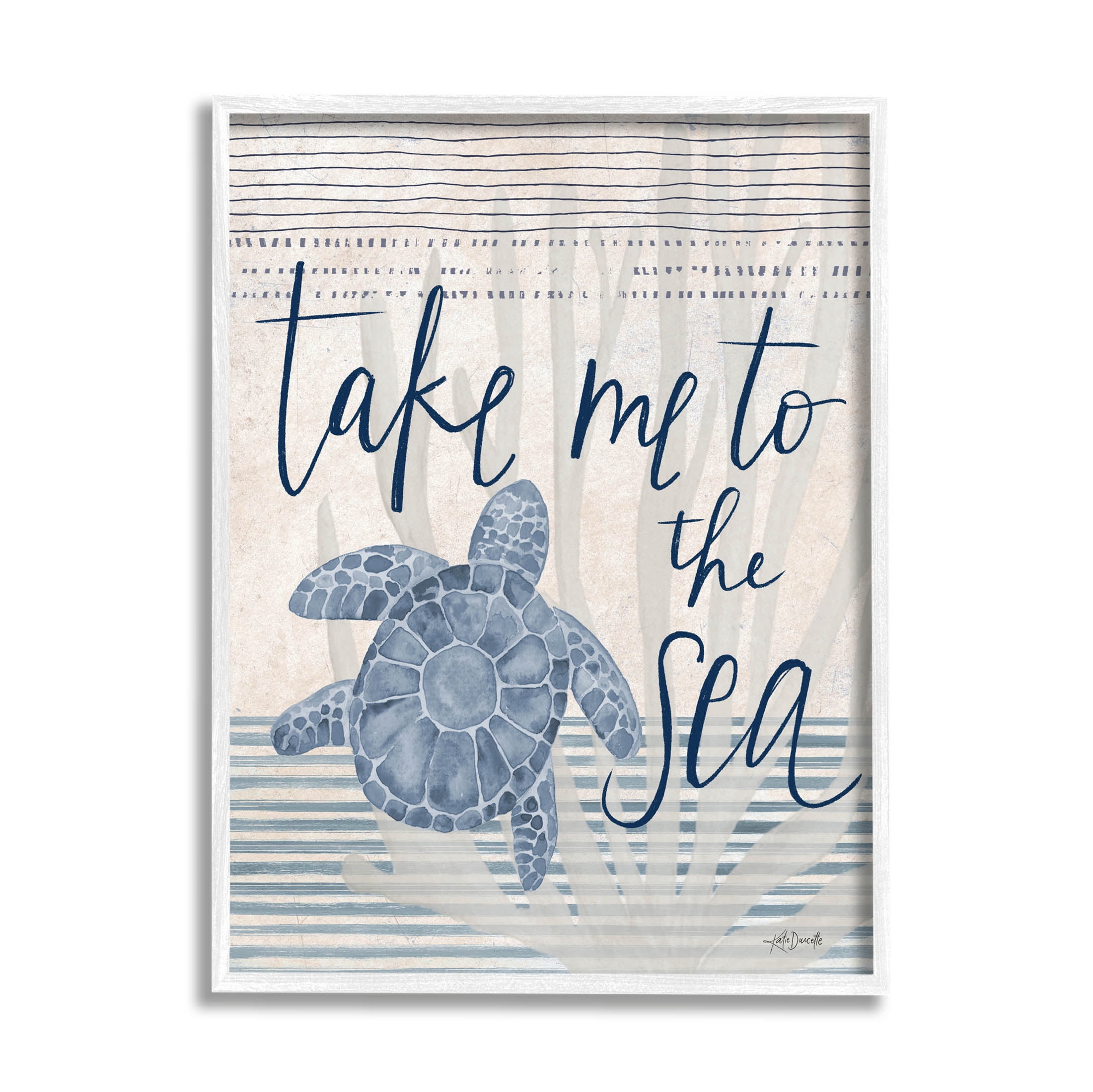 Stupell Industries Take Me To Sea Patterned Turtle Stripes Graphic Art White Framed Art Print Wall Art, Design by Katie Doucette