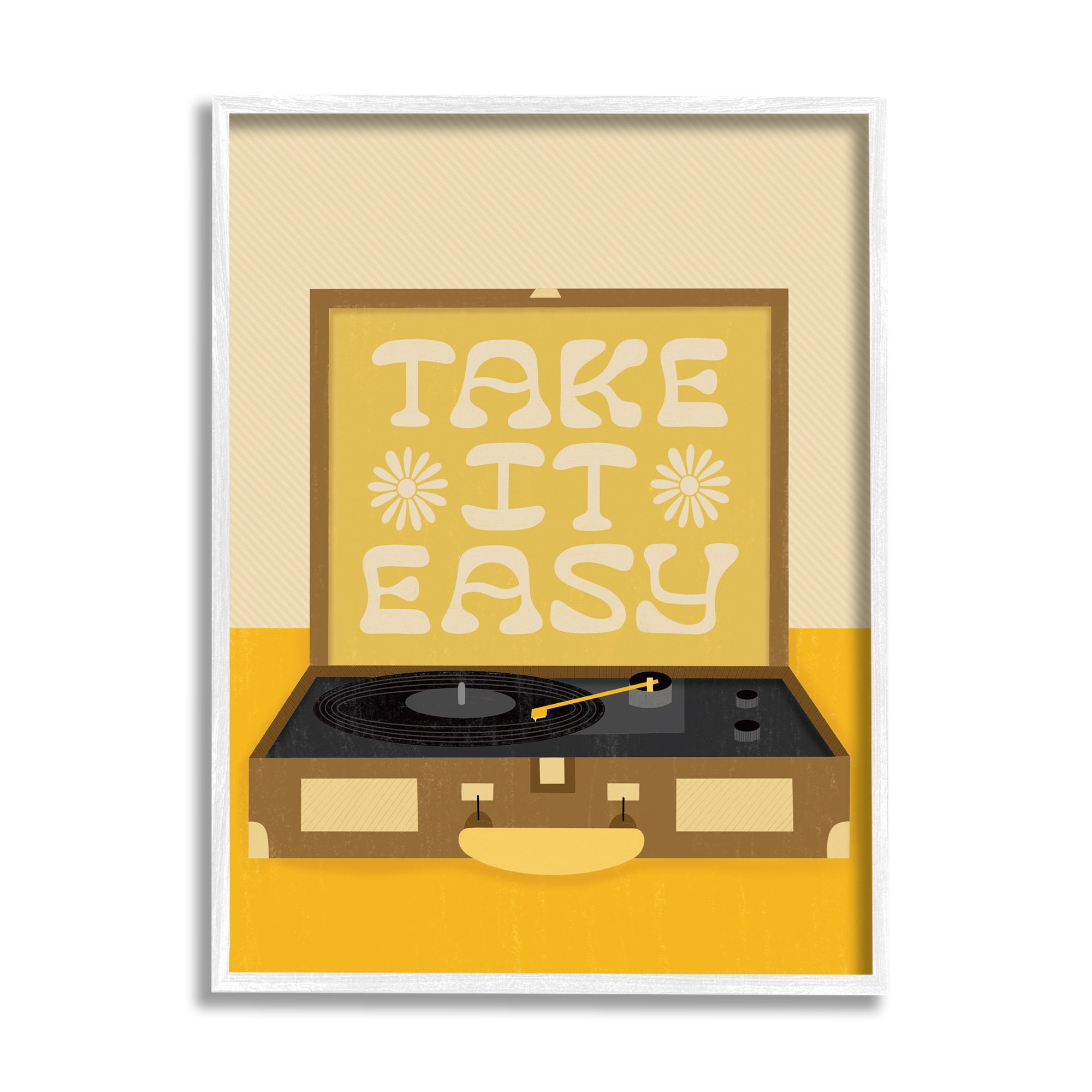 Stupell Industries Take it Easy Motivational Vintage Boho Record Player Graphic Art White Framed Art Print Wall Art, 16x20, by Jaylnn Heerdt
