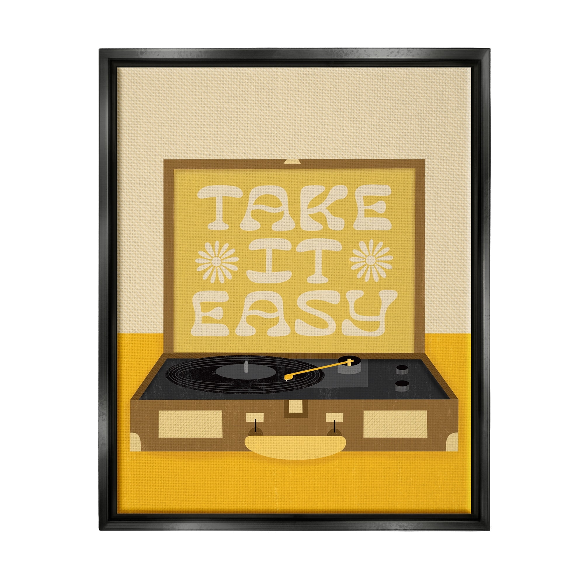 Stupell Industries Take it Easy Motivational Vintage Boho Record Player Jet Black Framed Floating Canvas Wall Art, 16x20, by Jaylnn Heerdt