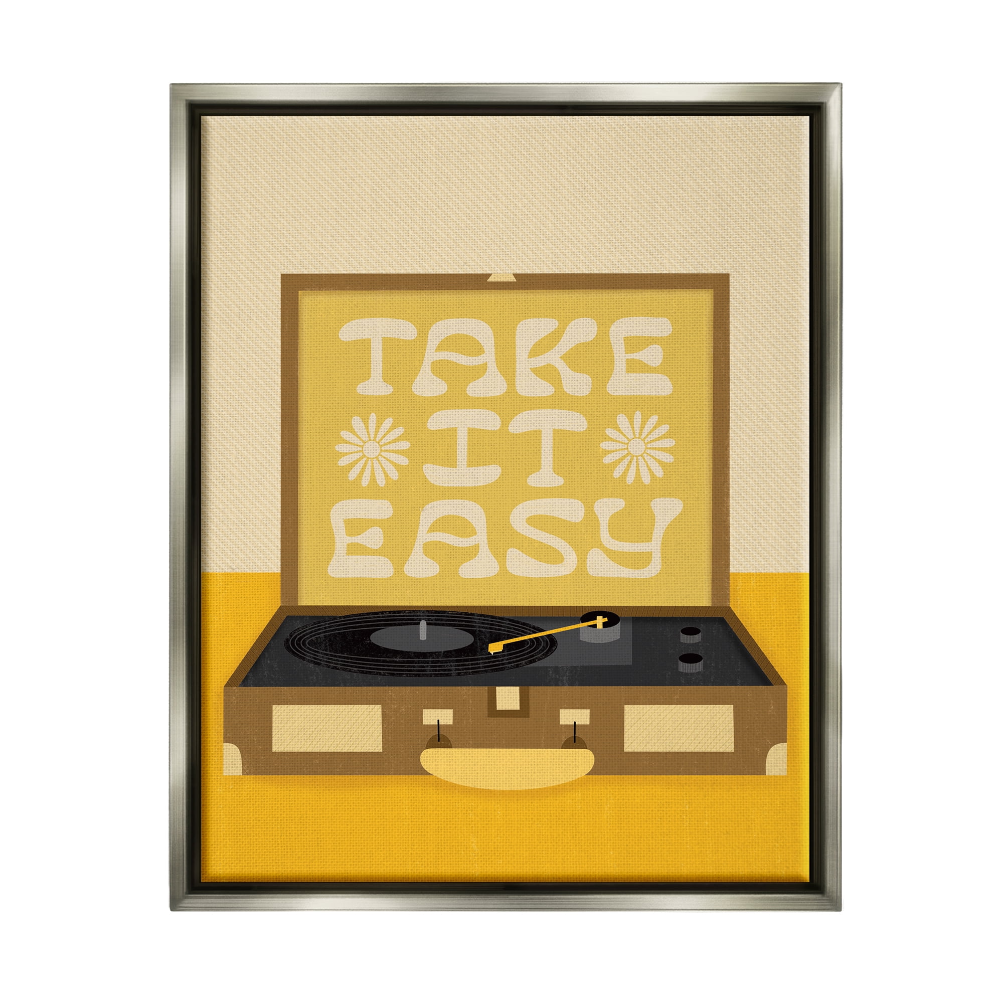 Stupell Industries Take it Easy Motivational Vintage Boho Record Player Luster Gray Framed Floating Canvas Wall Art, 16x20, by Jaylnn Heerdt