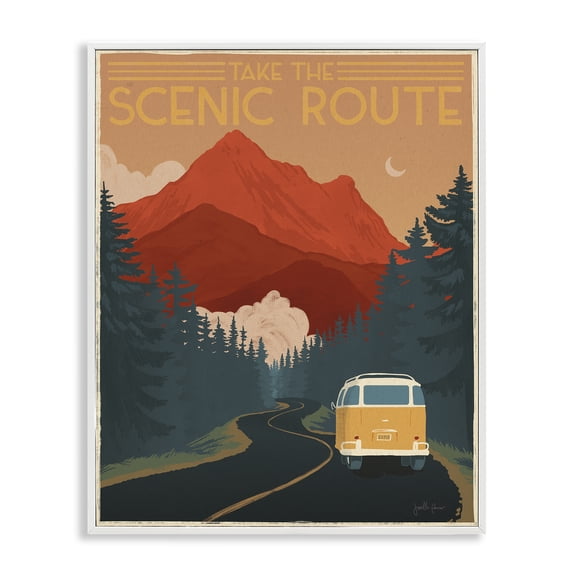 Take the Scenic Route Phrase Retro Mountain Travel White Framed Giclee Art, 24 x 30, Made In USA