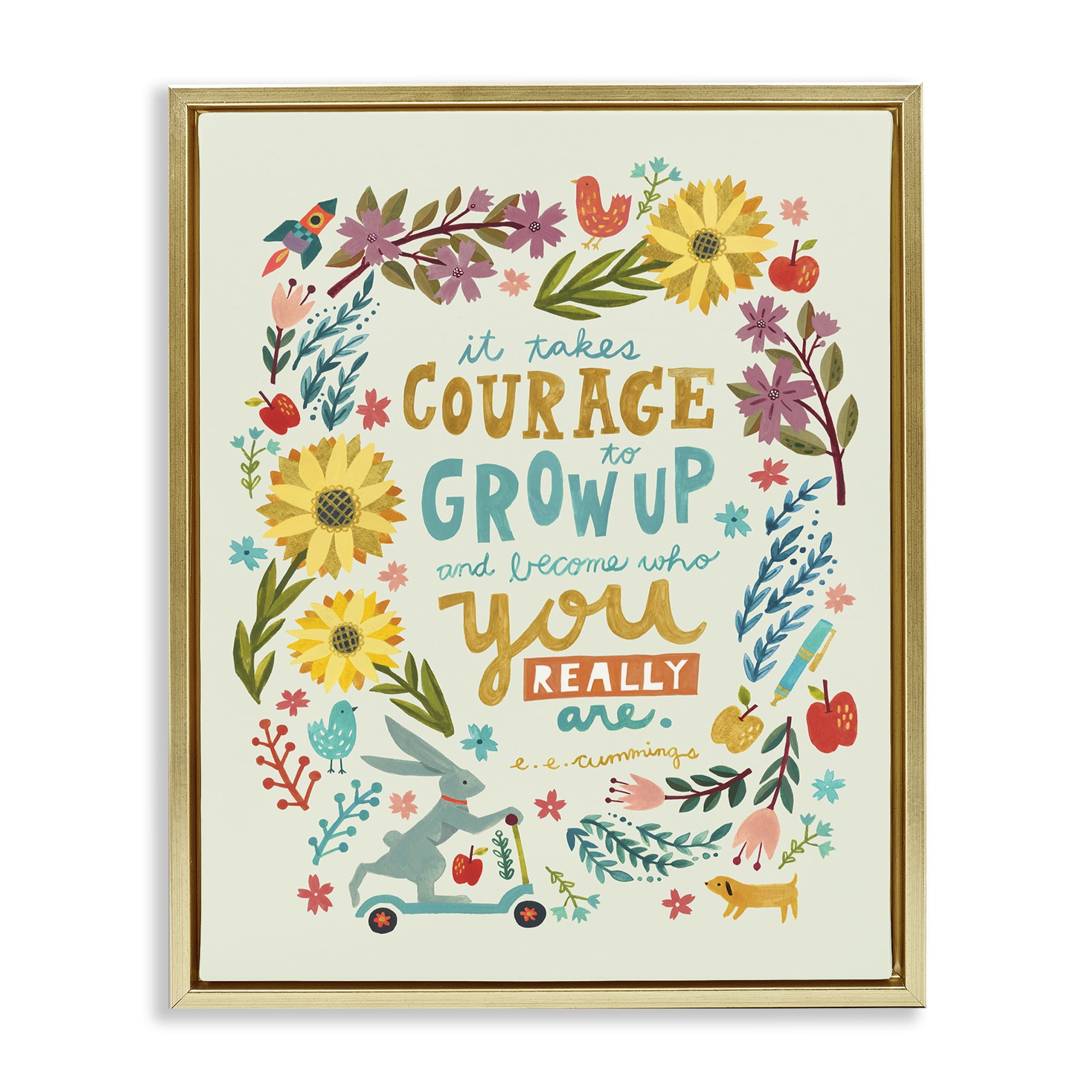 Stupell Industries Takes Courage Inspiring Florals Plants & Flowers Painting Gold Floater Framed Canvas Art Print Wall Art, 25 x 31