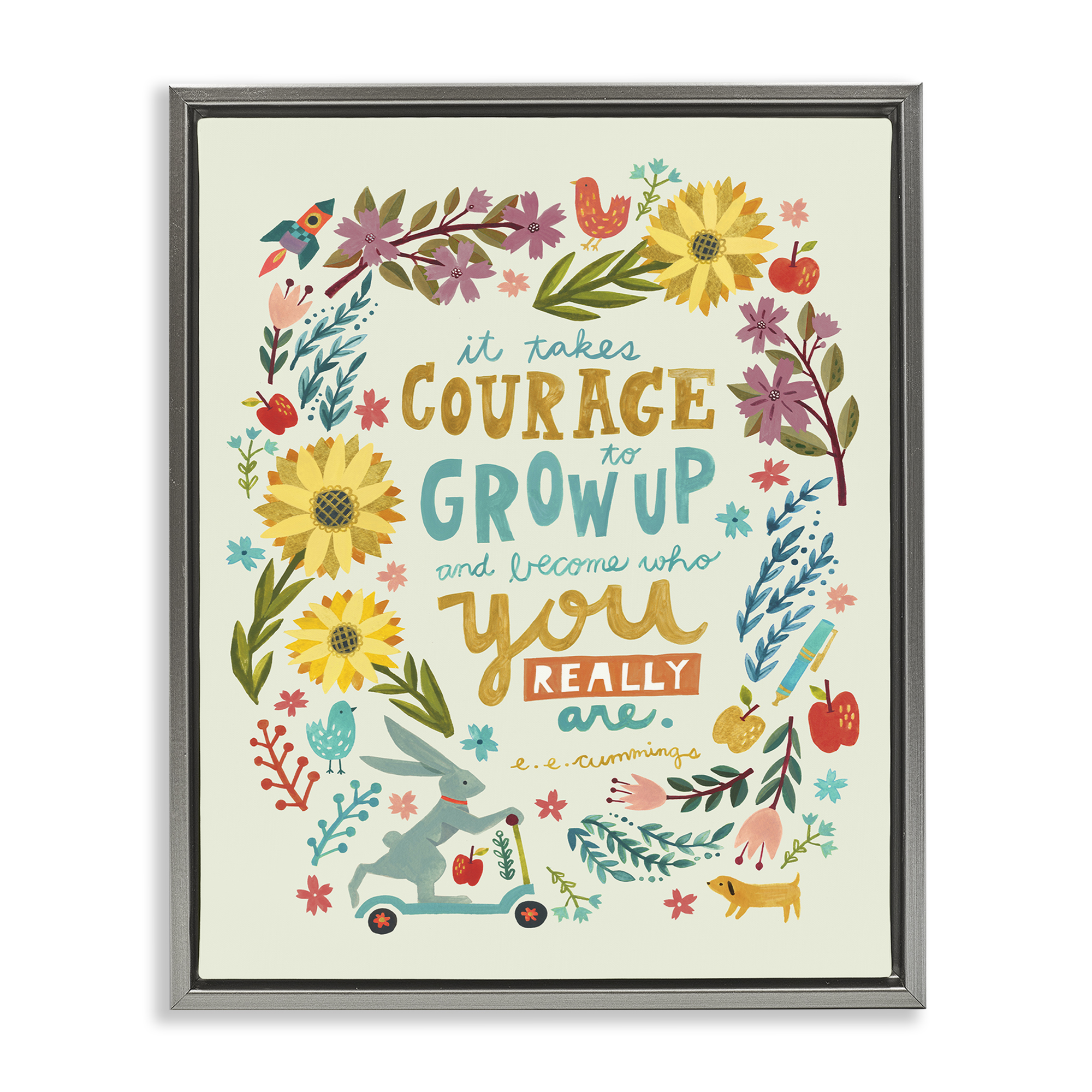 Stupell Industries Takes Courage Inspiring Florals Plants & Flowers Painting Gray Floater Framed Canvas Art Print Wall Art, 25 x 31