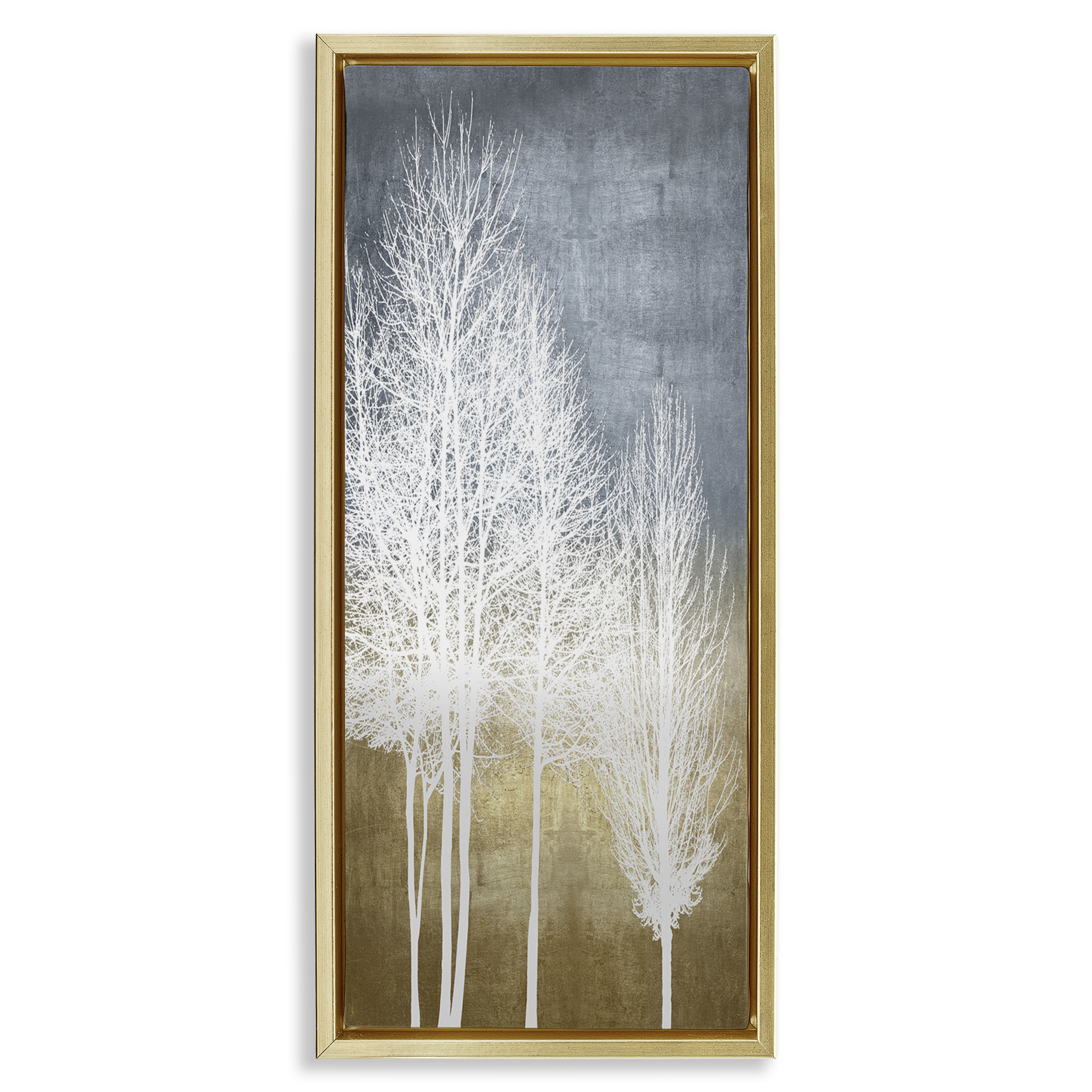 Stupell Industries Tall Bare White Trees Nature Landscape Painting Gold Floater Framed Canvas Art Print Wall Art, 11 x 25
