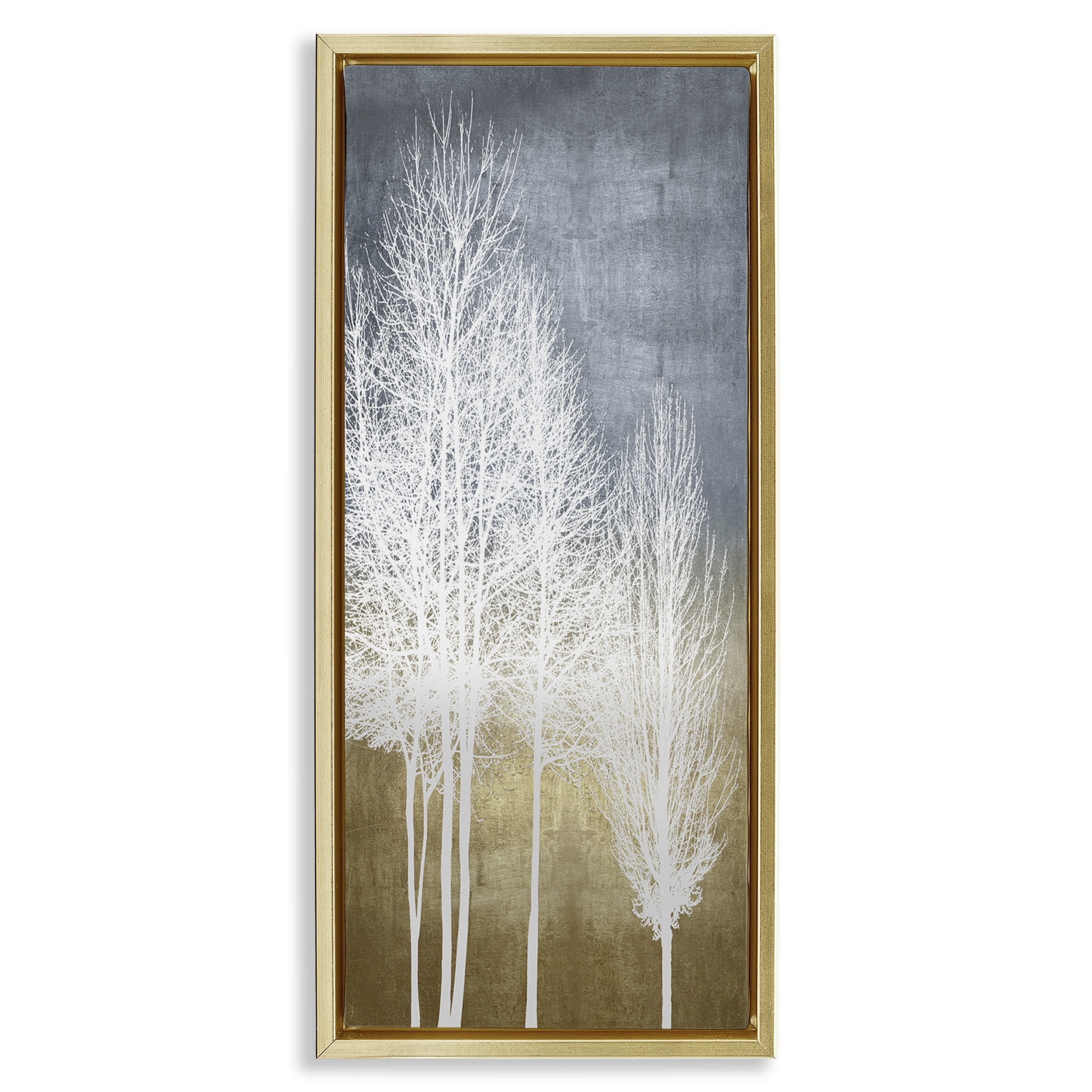 Stupell Industries Tall Bare White Trees Nature Landscape Painting Gold Floater Framed Canvas Art Print Wall Art, 15 x 31