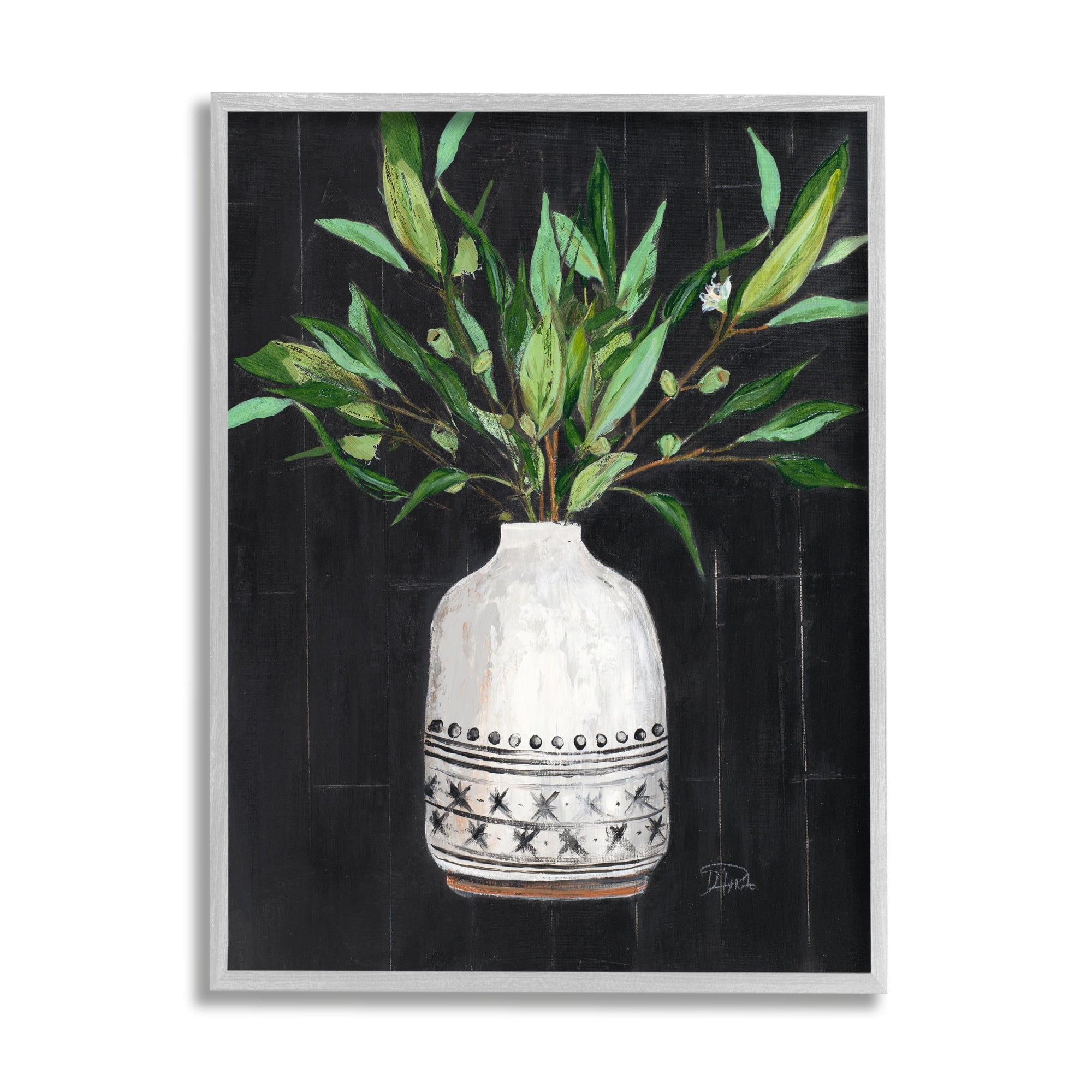 Stupell Industries Tall Botanical Leaves Arrangement Patterned Pottery Vase Painting Gray Framed Art Print Wall Art, Design by Patricia Pinto