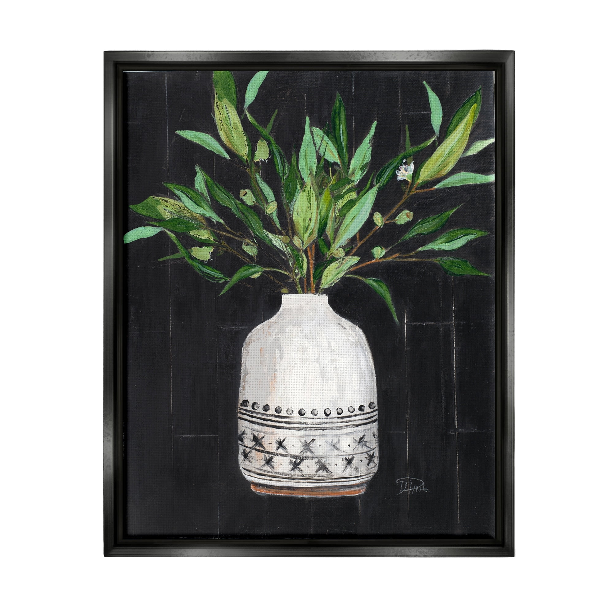 Stupell Industries Tall Botanical Leaves Arrangement Patterned Pottery Vase Painting Jet Black Floating Framed Canvas Print Wall Art, Design by Patricia Pinto