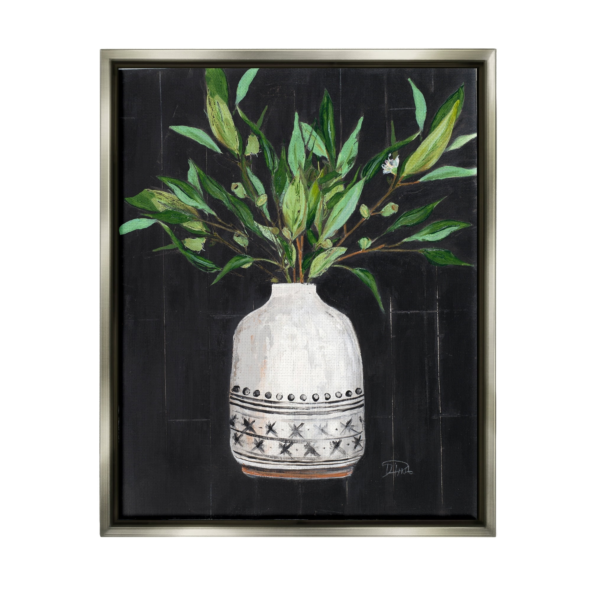 Stupell Industries Tall Botanical Leaves Arrangement Patterned Pottery Vase Painting Luster Gray Floating Framed Canvas Print Wall Art, Design by Patricia Pinto