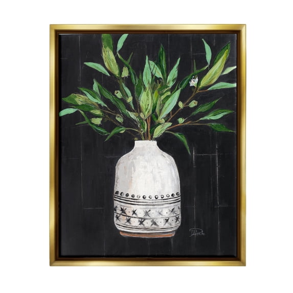 Stupell Industries Tall Botanical Leaves Arrangement Patterned Pottery Vase Painting Metallic Gold Floating Framed Canvas Print Wall Art, Design by Patricia Pinto