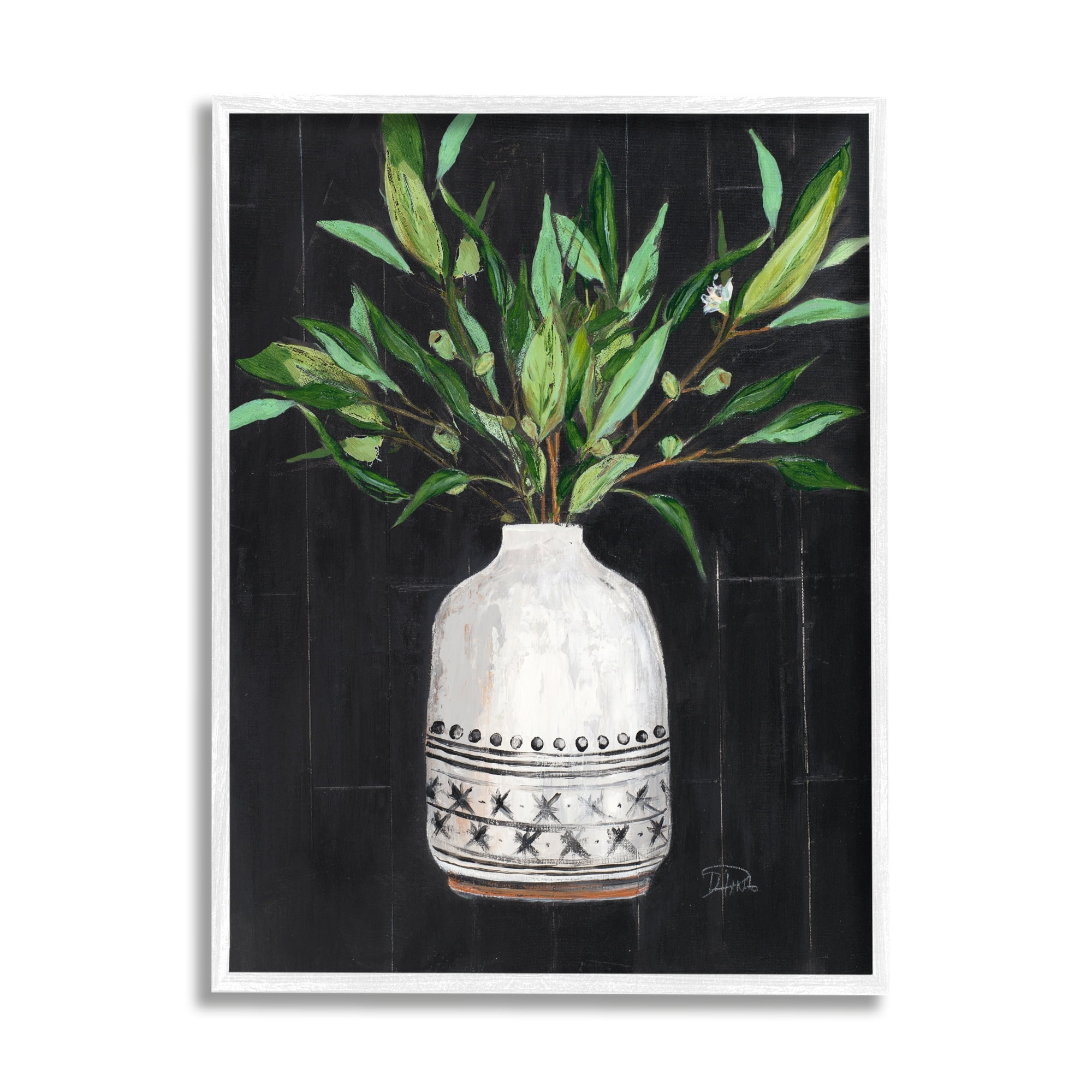 Stupell Industries Tall Botanical Leaves Arrangement Patterned Pottery Vase Painting White Framed Art Print Wall Art, Design by Patricia Pinto