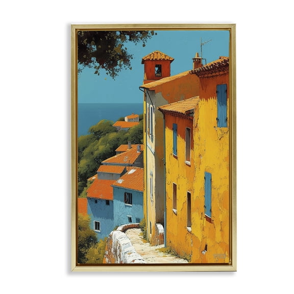 Stupell Industries Tall Buildings by Sea Buildings & Architecture Painting Gold Floater Framed Canvas Art Print Wall Art, 17 x 25